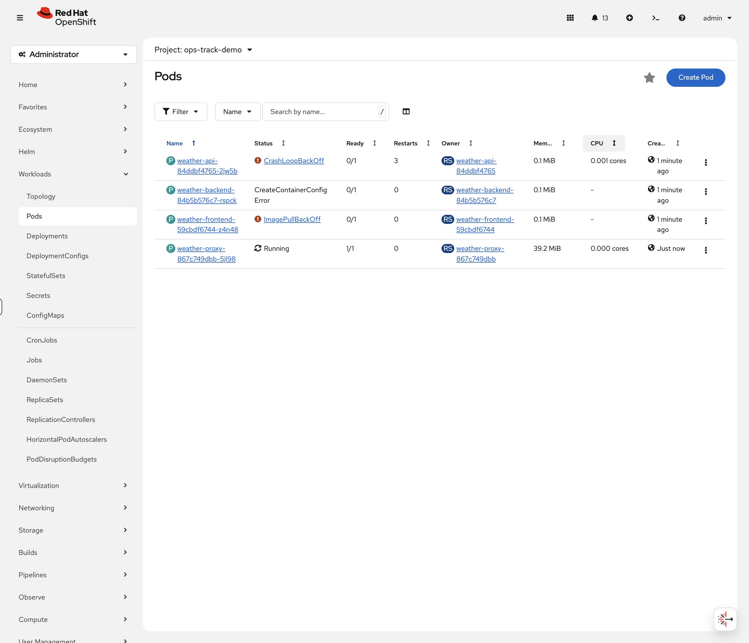 Pod list showing multiple failure states - ImagePullBackOff CrashLoopBackOff and CreateContainerConfigError