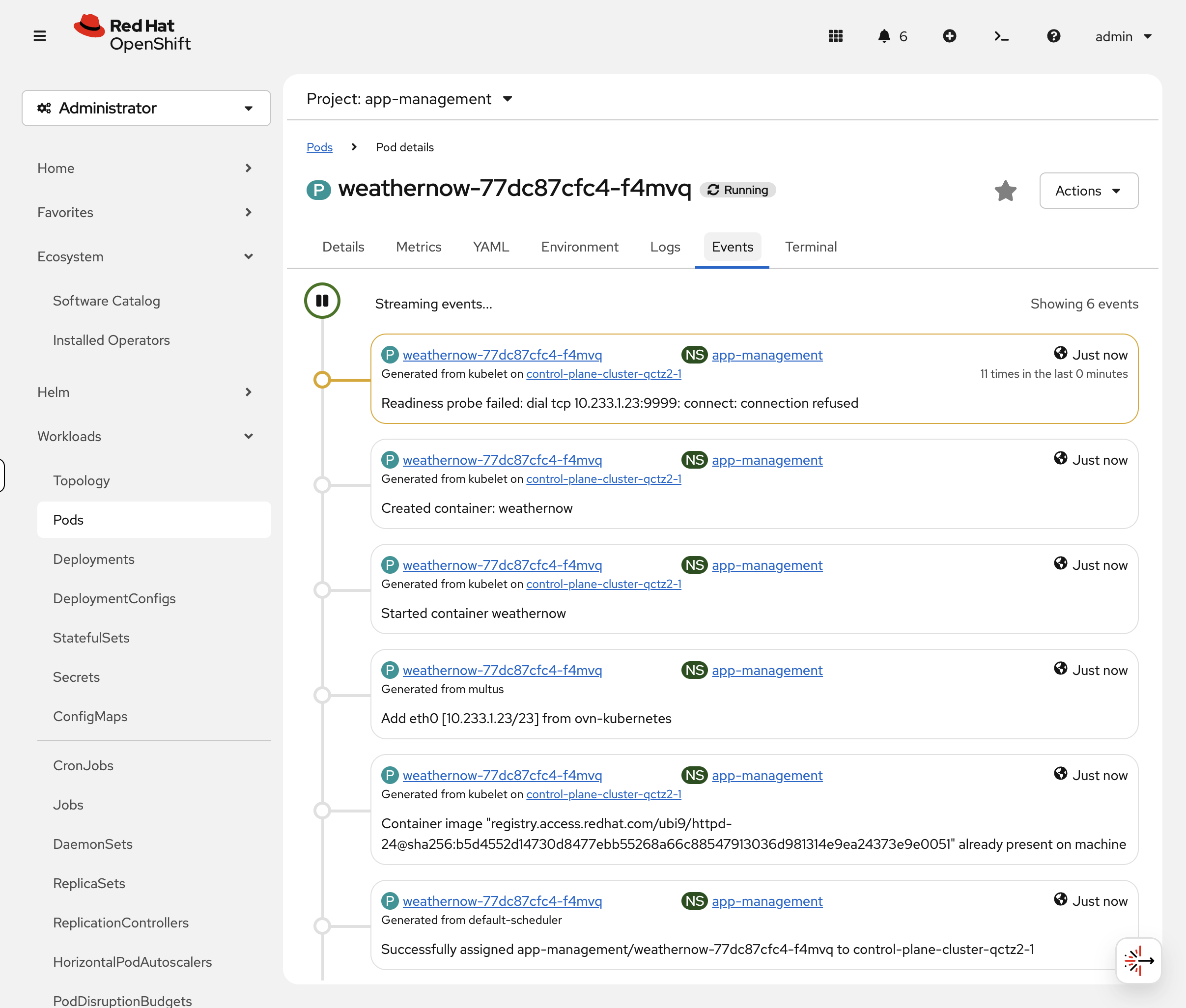 Events tab showing readiness probe failure messages