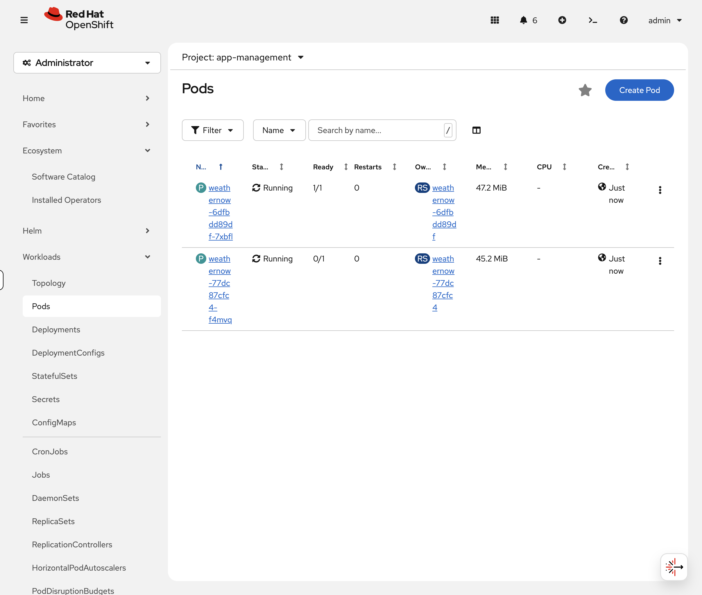 Pod list showing 0/1 Running pod with failed readiness probe