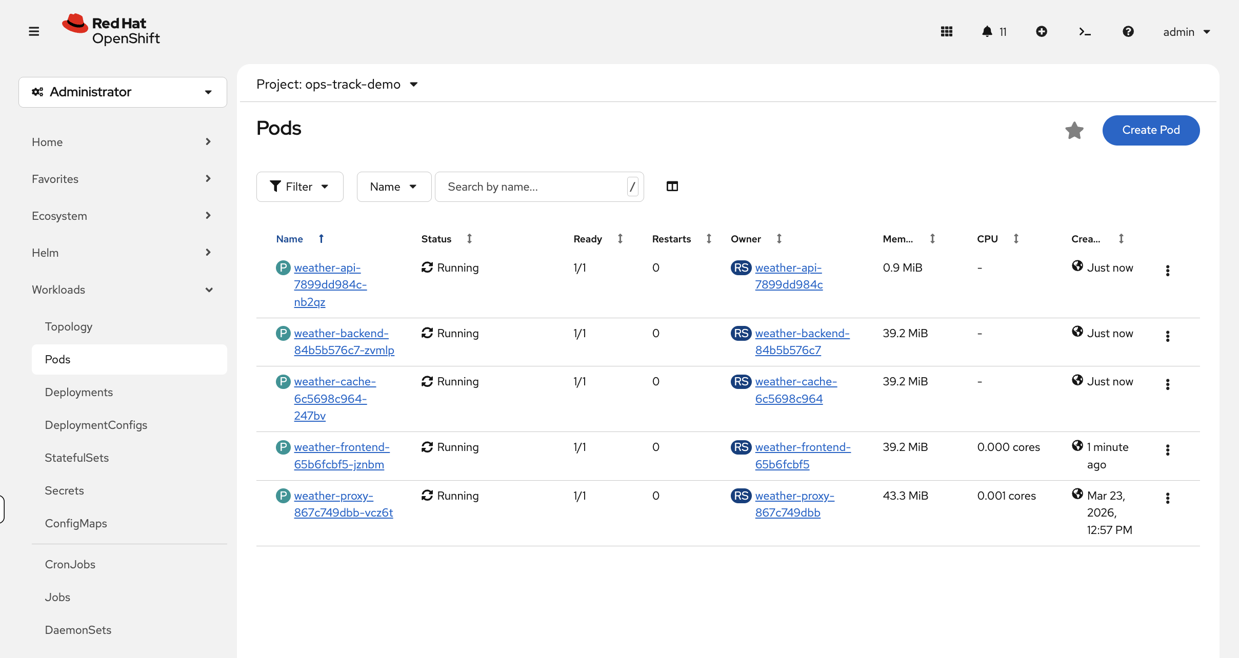 All five weather pods showing green Running status