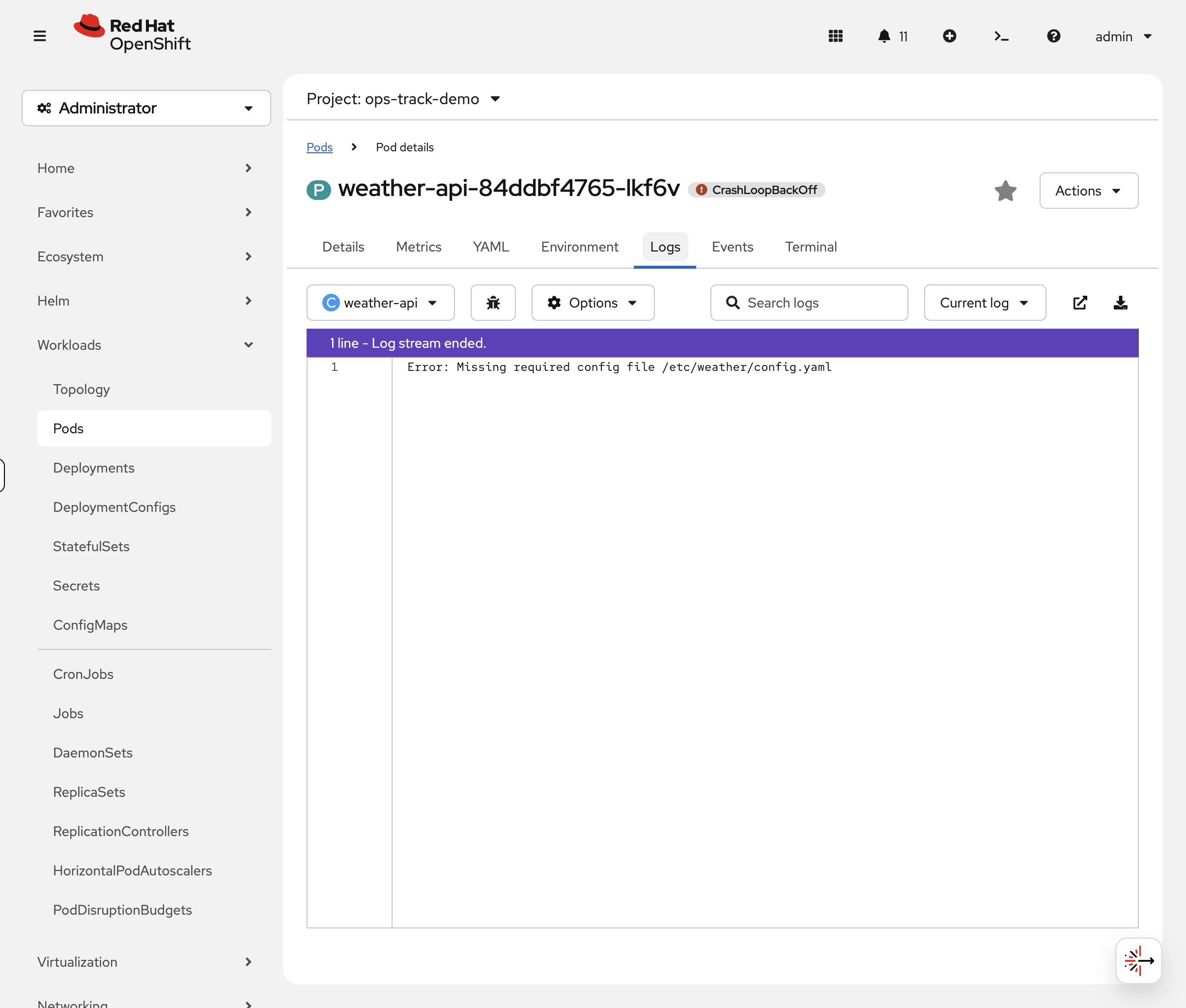 weather-api pod Logs tab showing missing config file error
