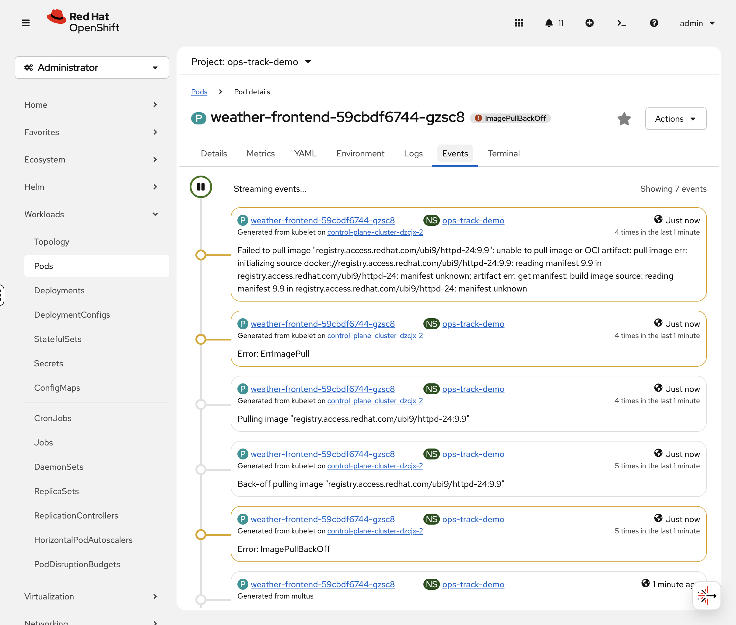 weather-frontend pod Events tab showing ImagePullBackOff error
