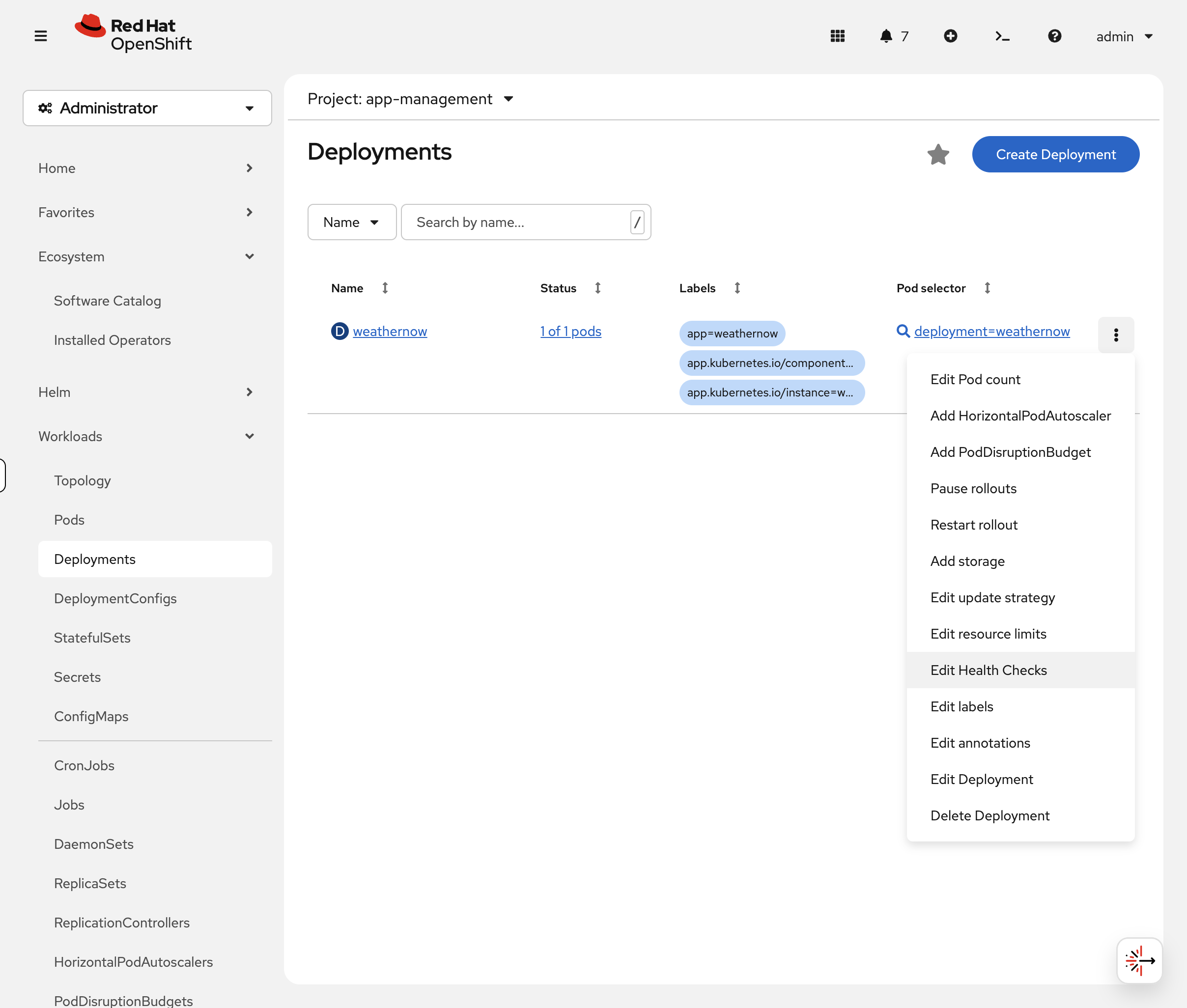 Deployment actions menu showing Edit Health Checks option