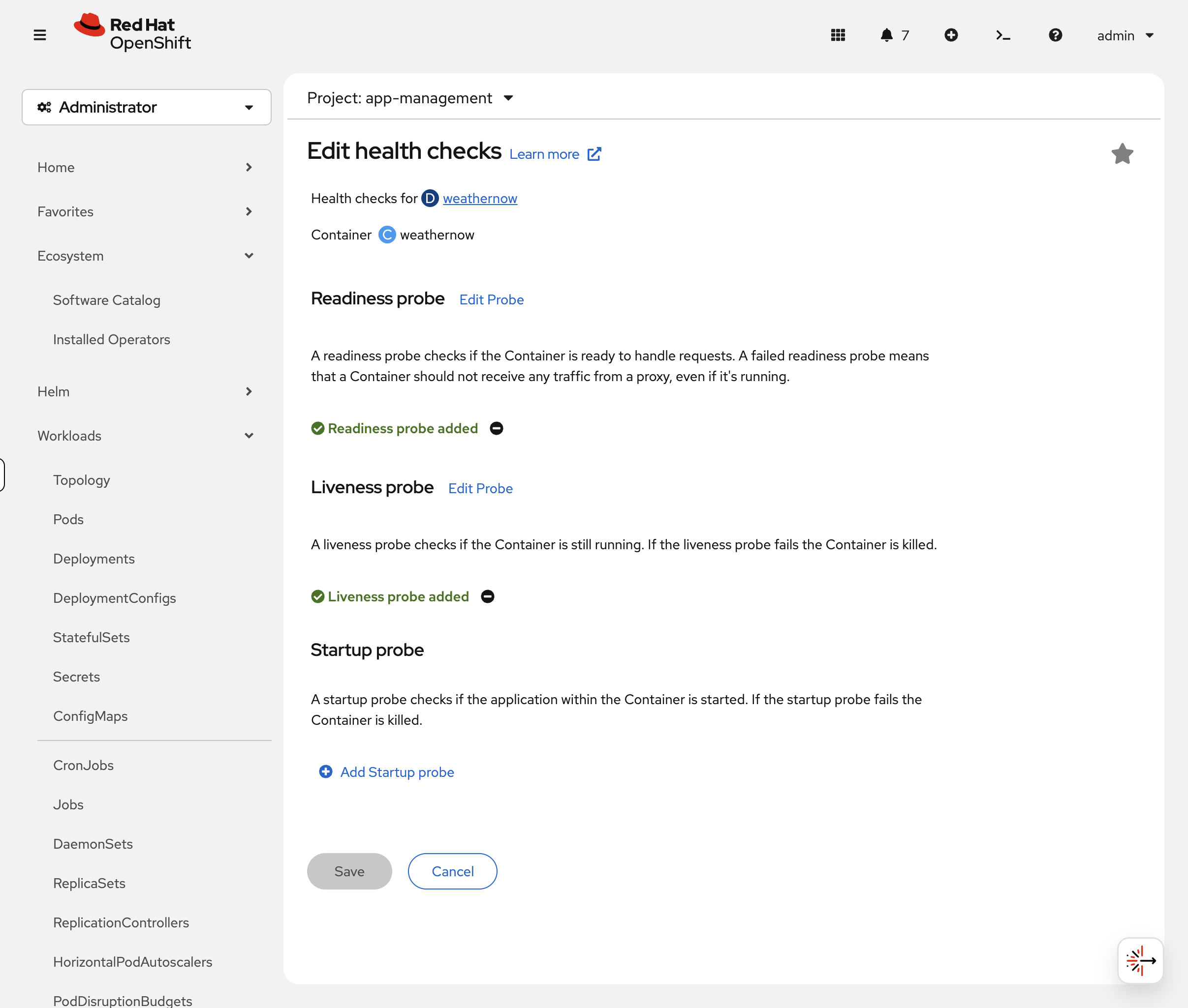 Edit Health Checks form showing configured readiness and liveness probes