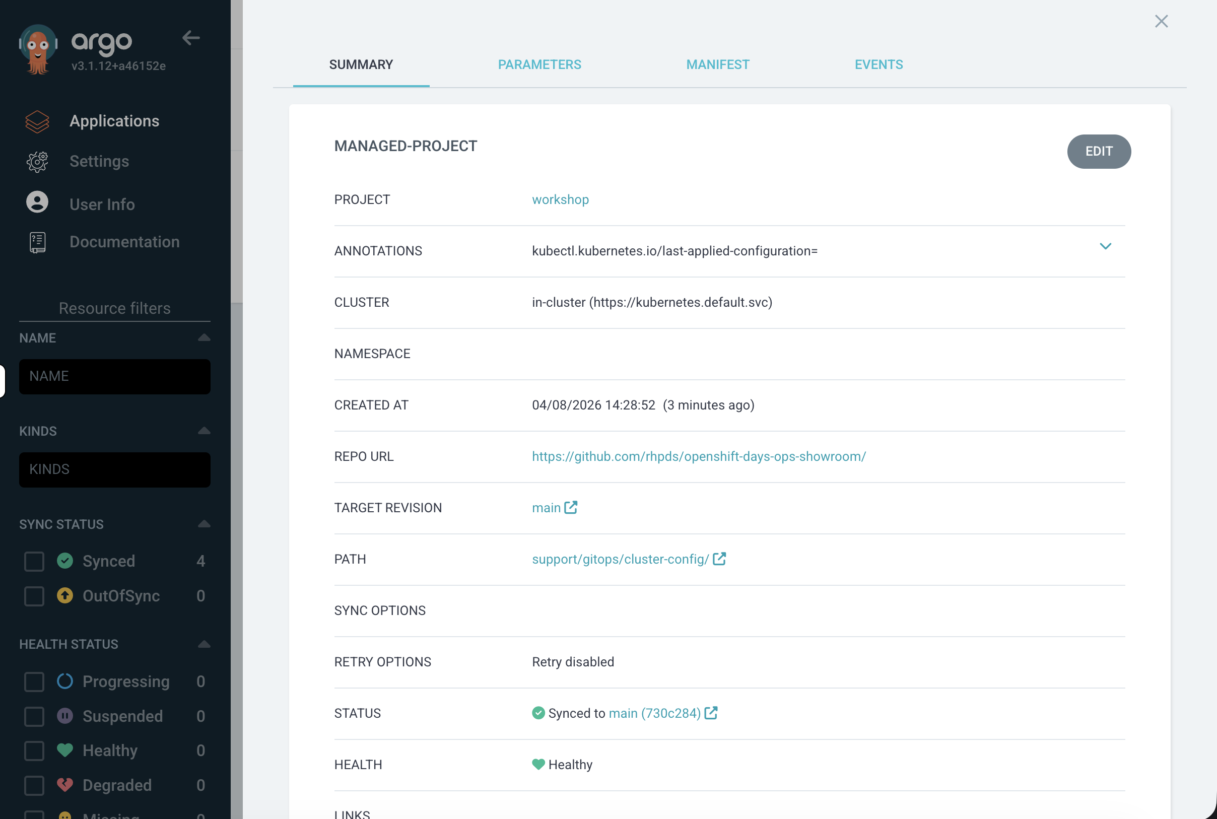 ArgoCD App Details showing project workshop