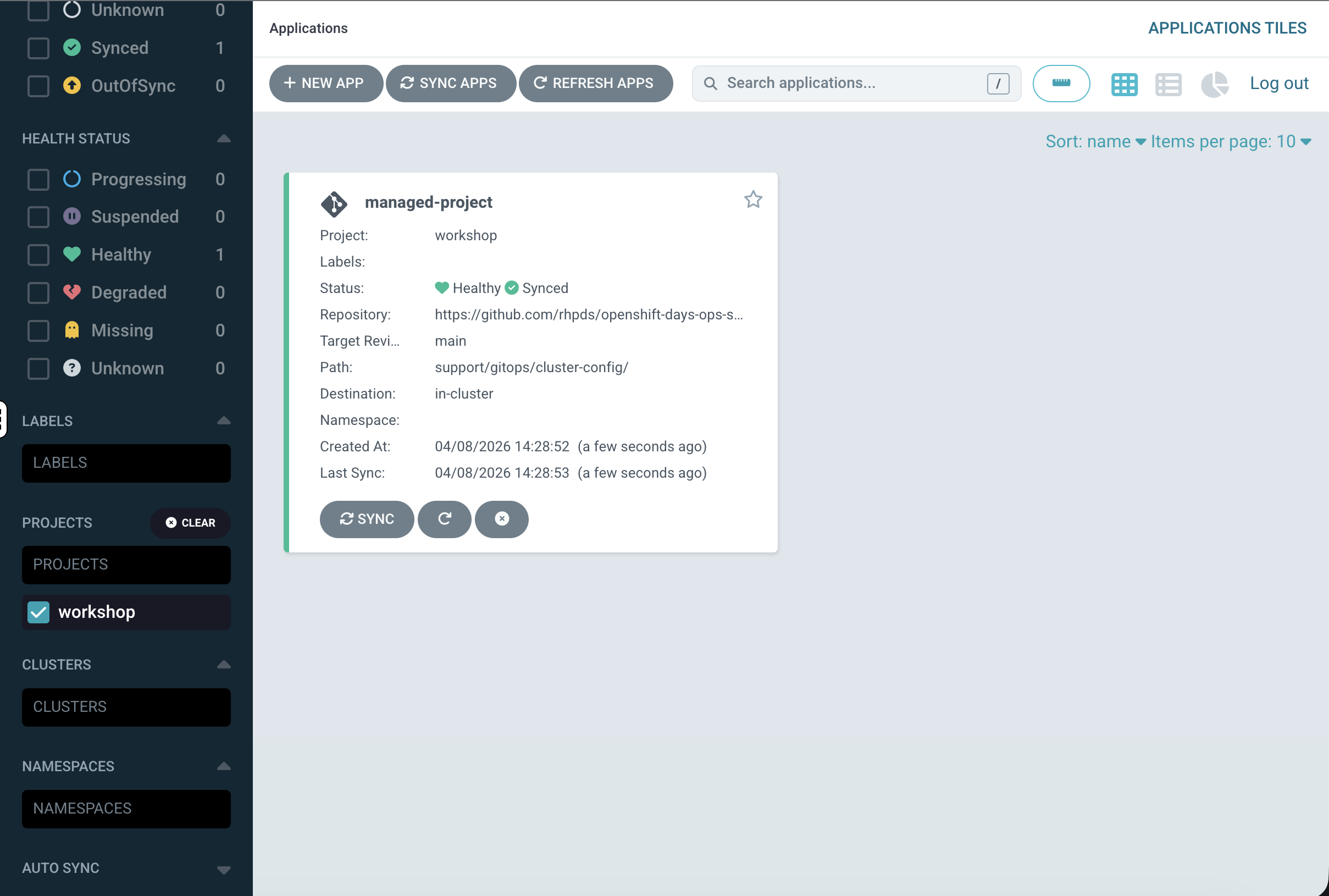 ArgoCD dashboard filtered by workshop project showing managed-project as Healthy and Synced