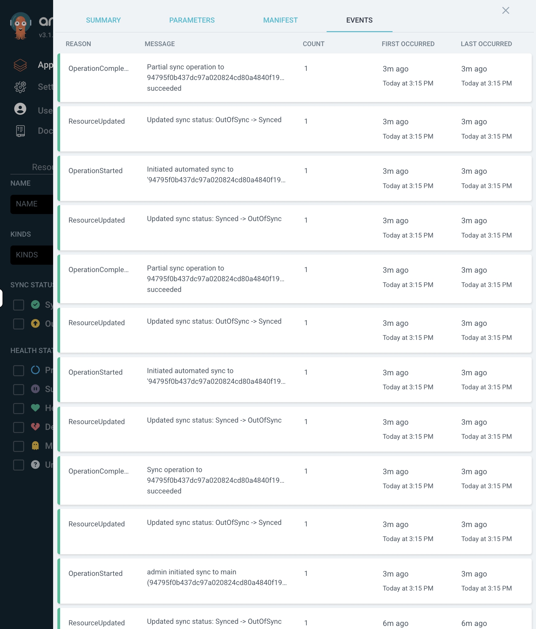 ArgoCD Events tab showing drift detection and automatic resync