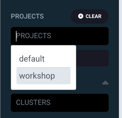 ArgoCD PROJECTS filter dropdown showing default and workshop options