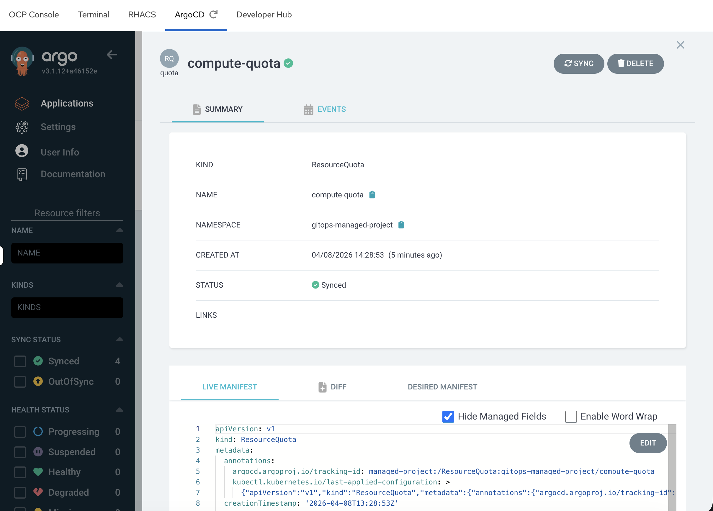 ArgoCD detail panel for compute-quota showing Summary and Live Manifest tabs