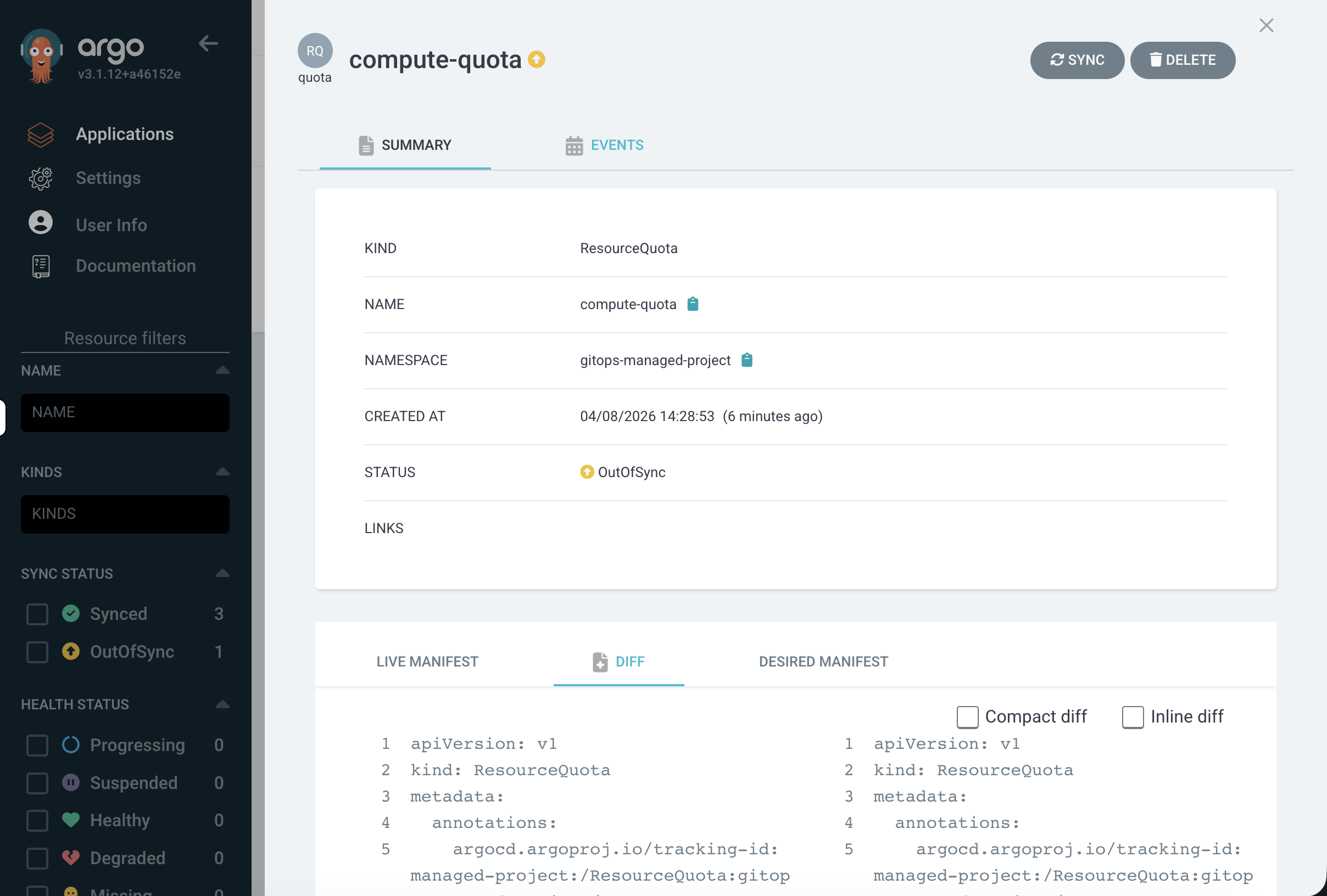 compute-quota detail showing OutOfSync status