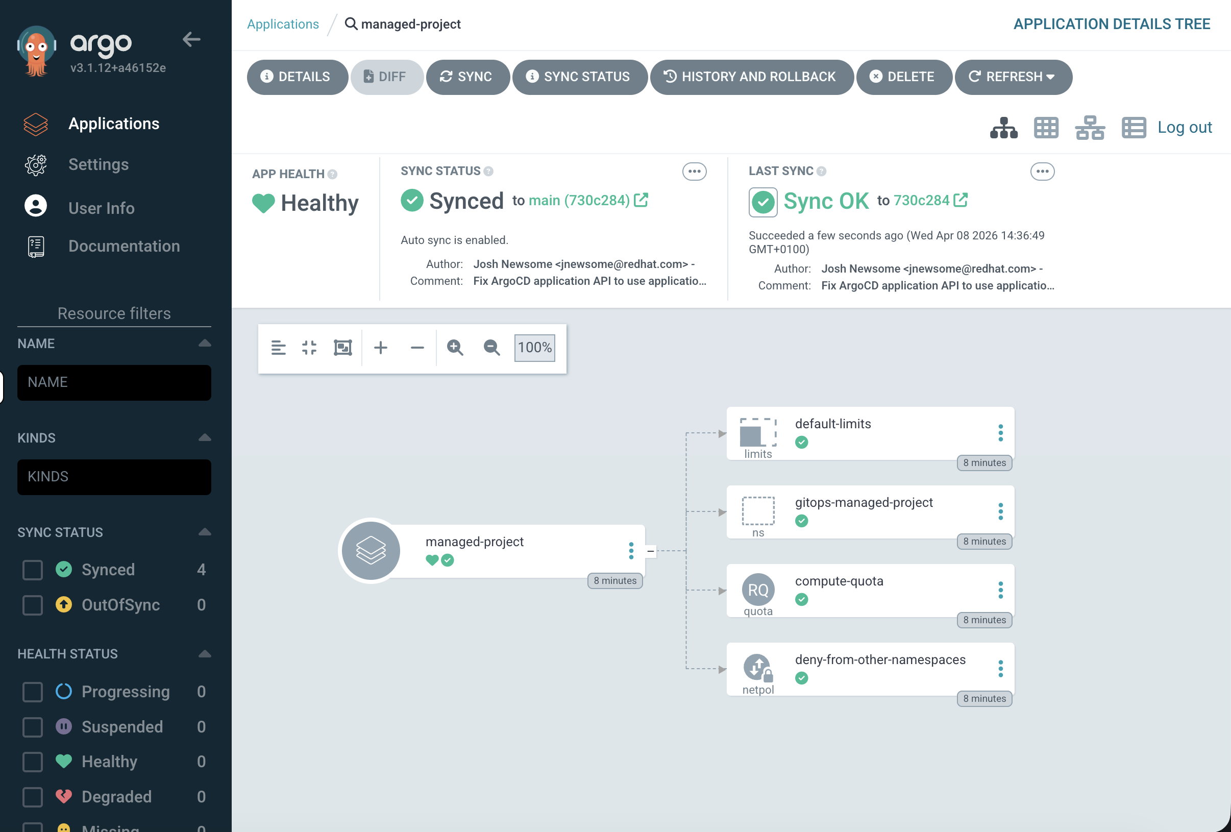 ArgoCD dashboard showing managed-project still Synced after self-heal