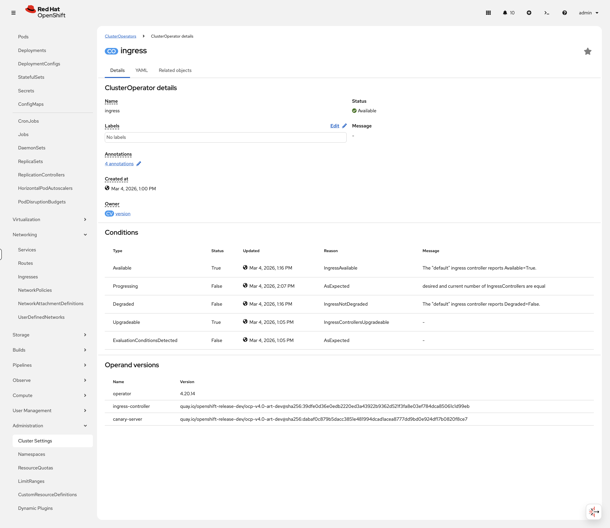 Ingress operator conditions showing Available