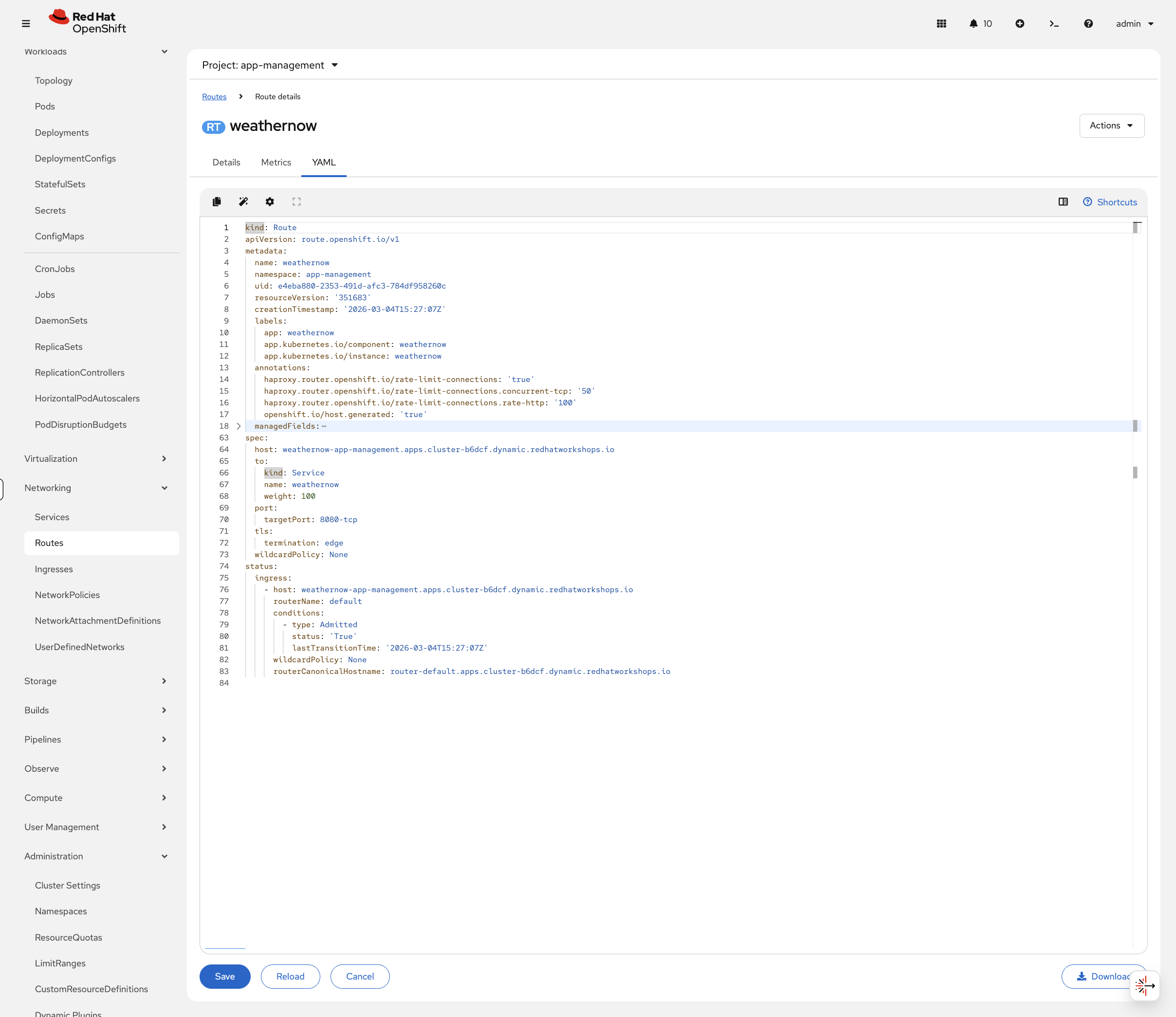 Route YAML showing rate-limit annotations