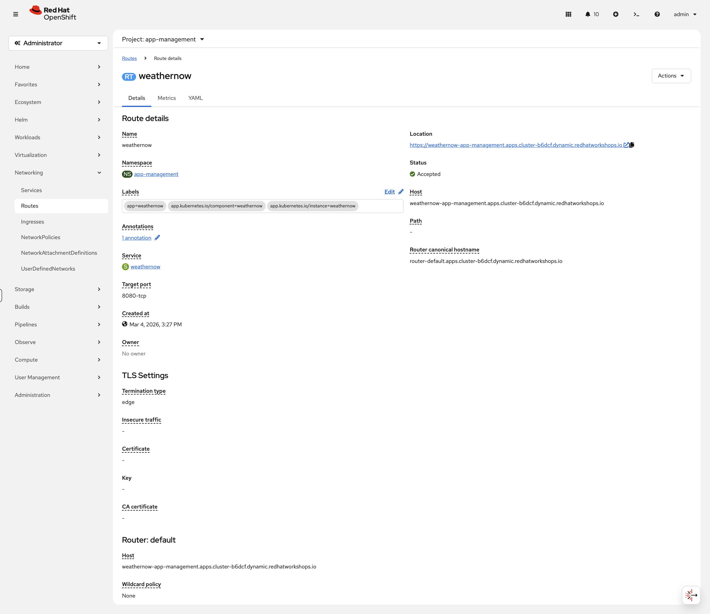 Weathernow route details showing TLS edge termination