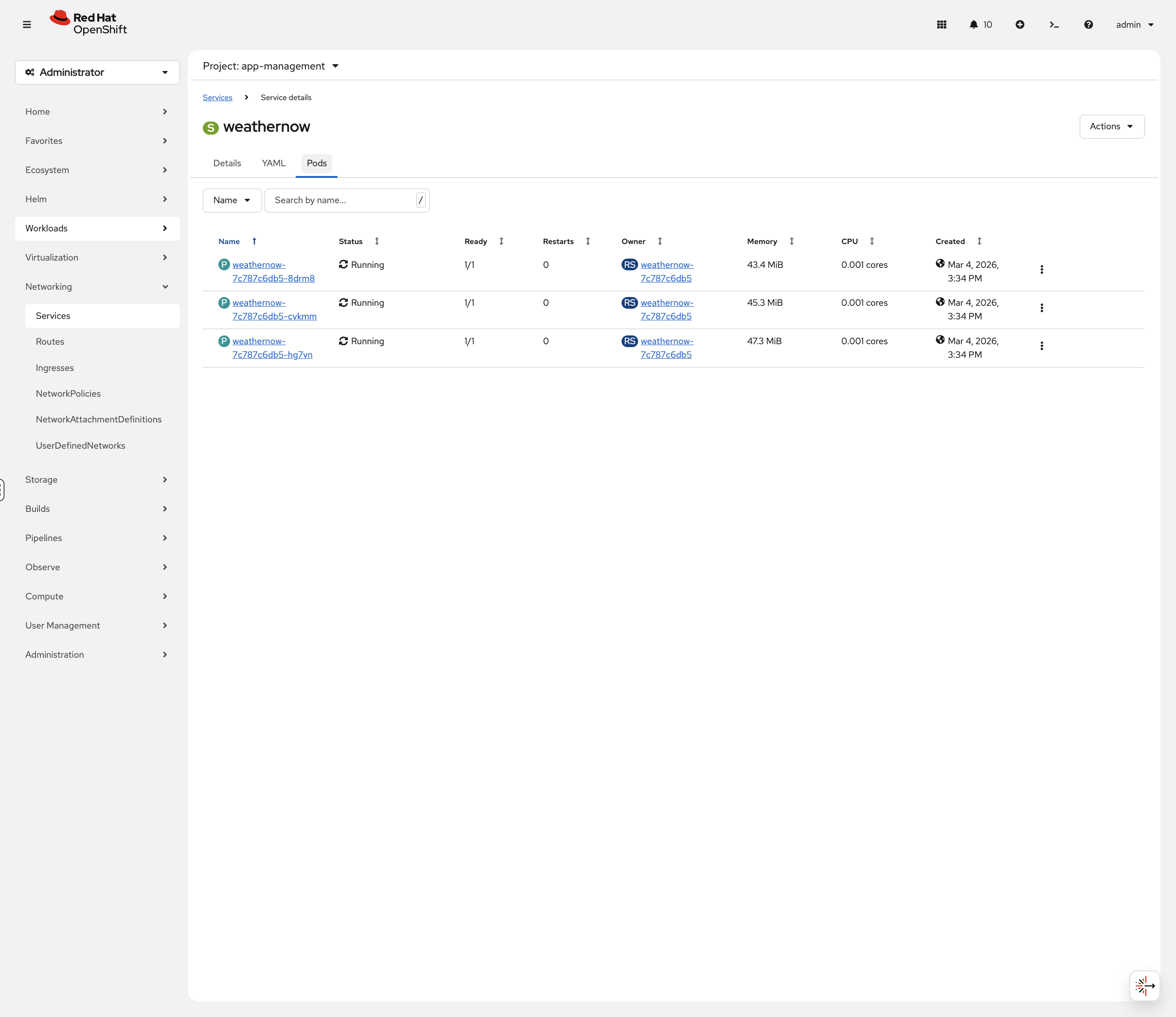 Service weathernow showing 3 backend pods