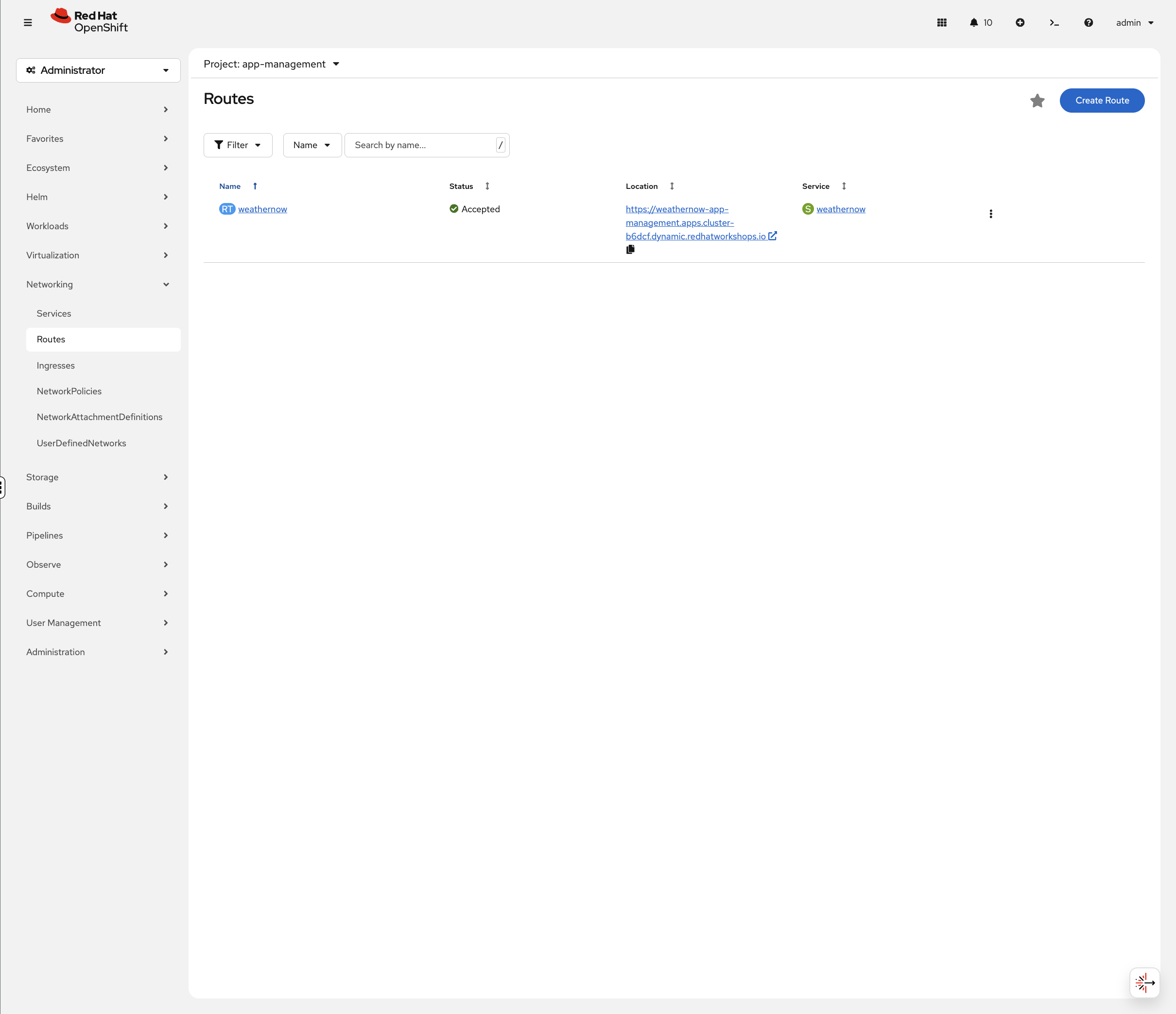 Weathernow route in the console