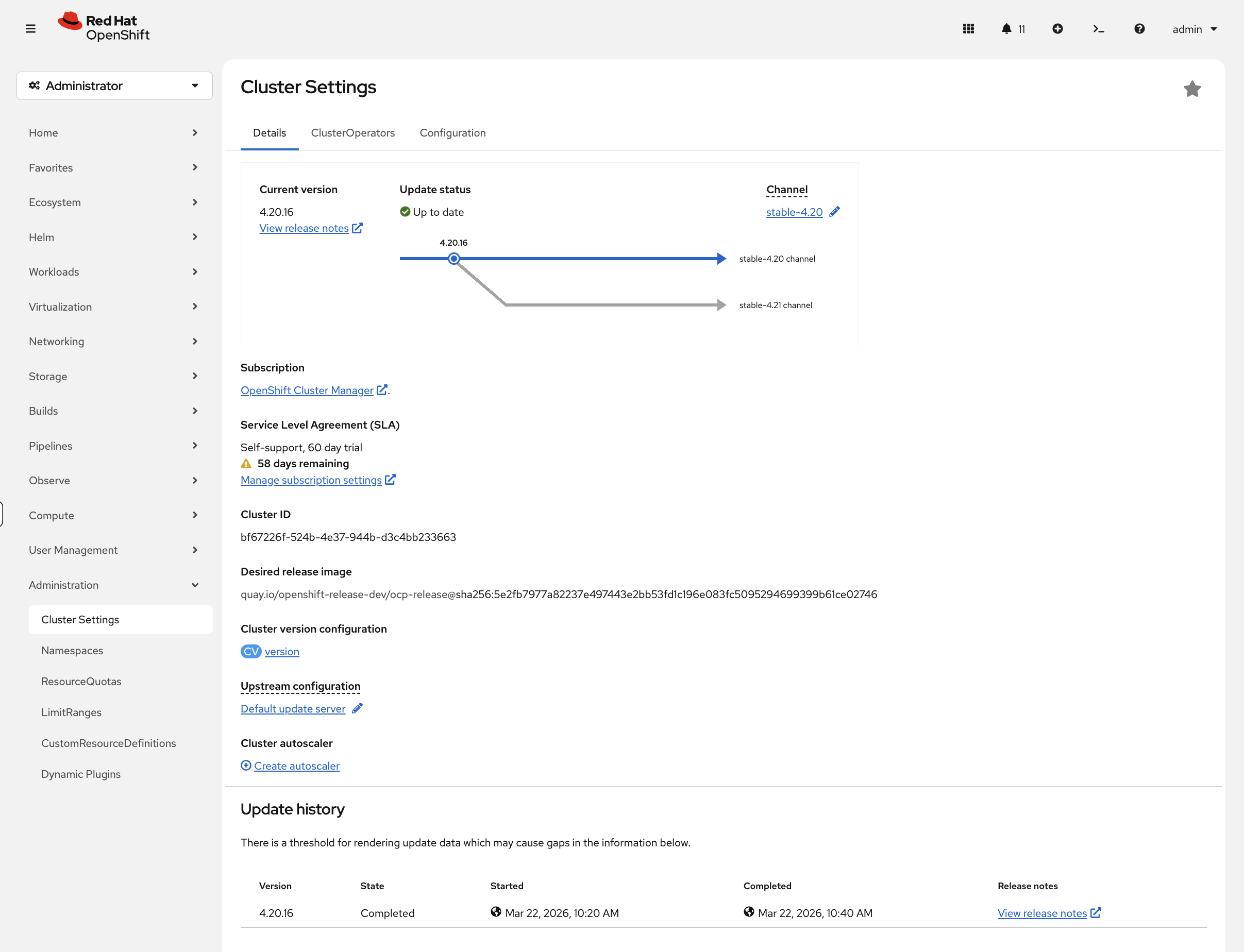 Cluster Settings Details tab showing version and update channel