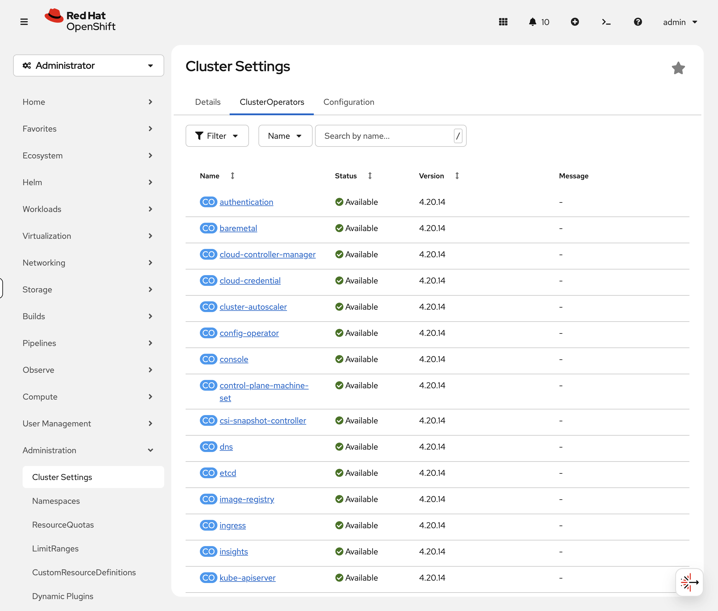 ClusterOperators in web console