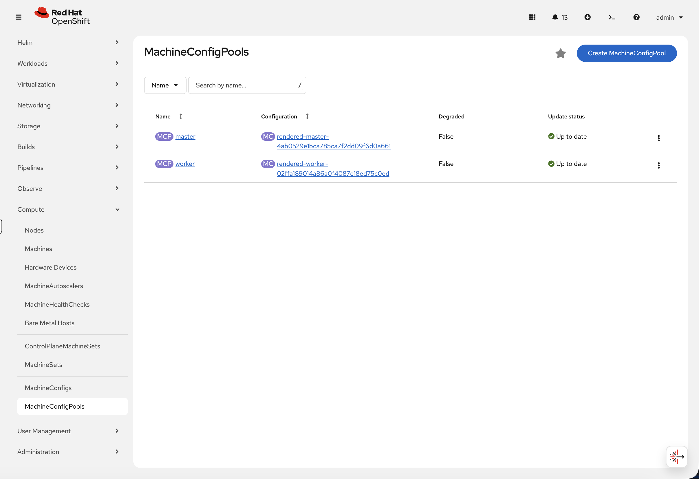 MachineConfigPools showing master and worker pools with Up to date status