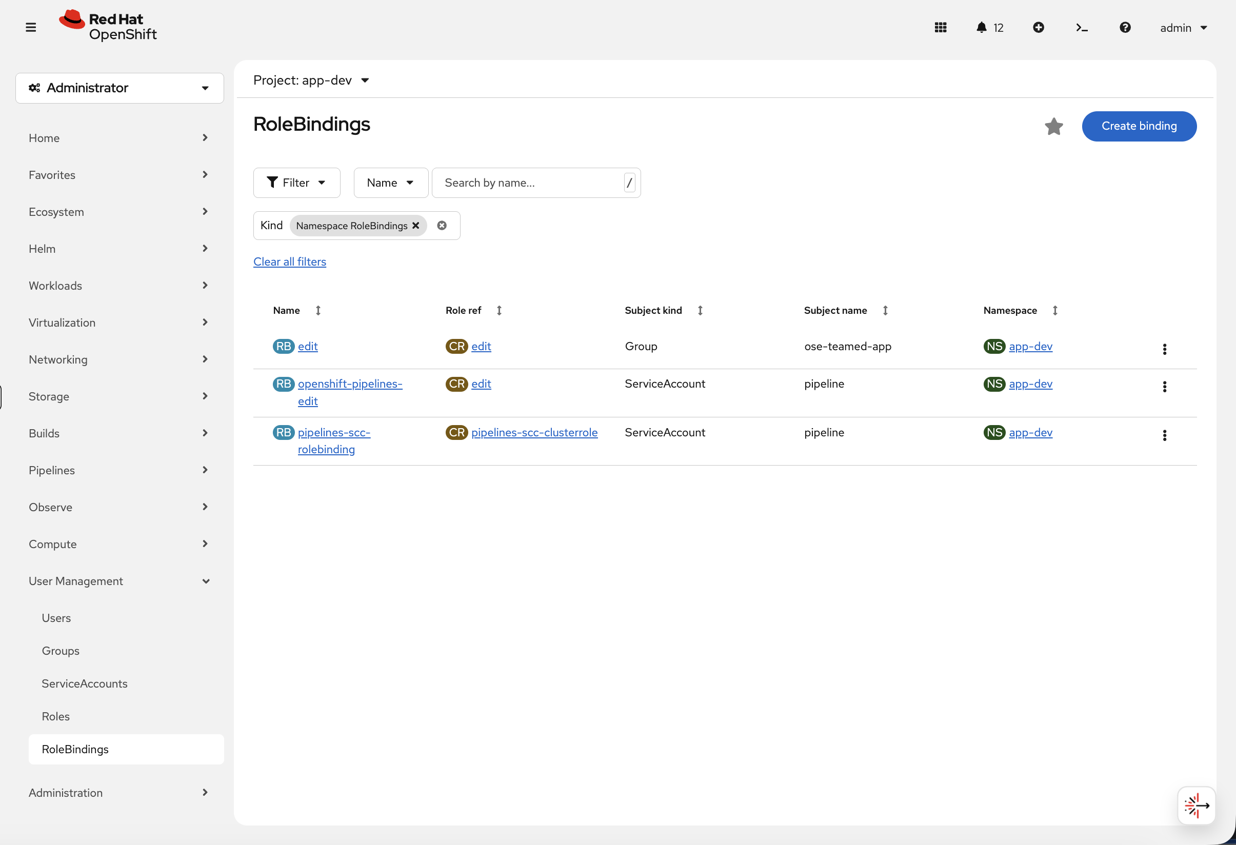 RoleBindings for app-dev showing ose-teamed-app group with edit role