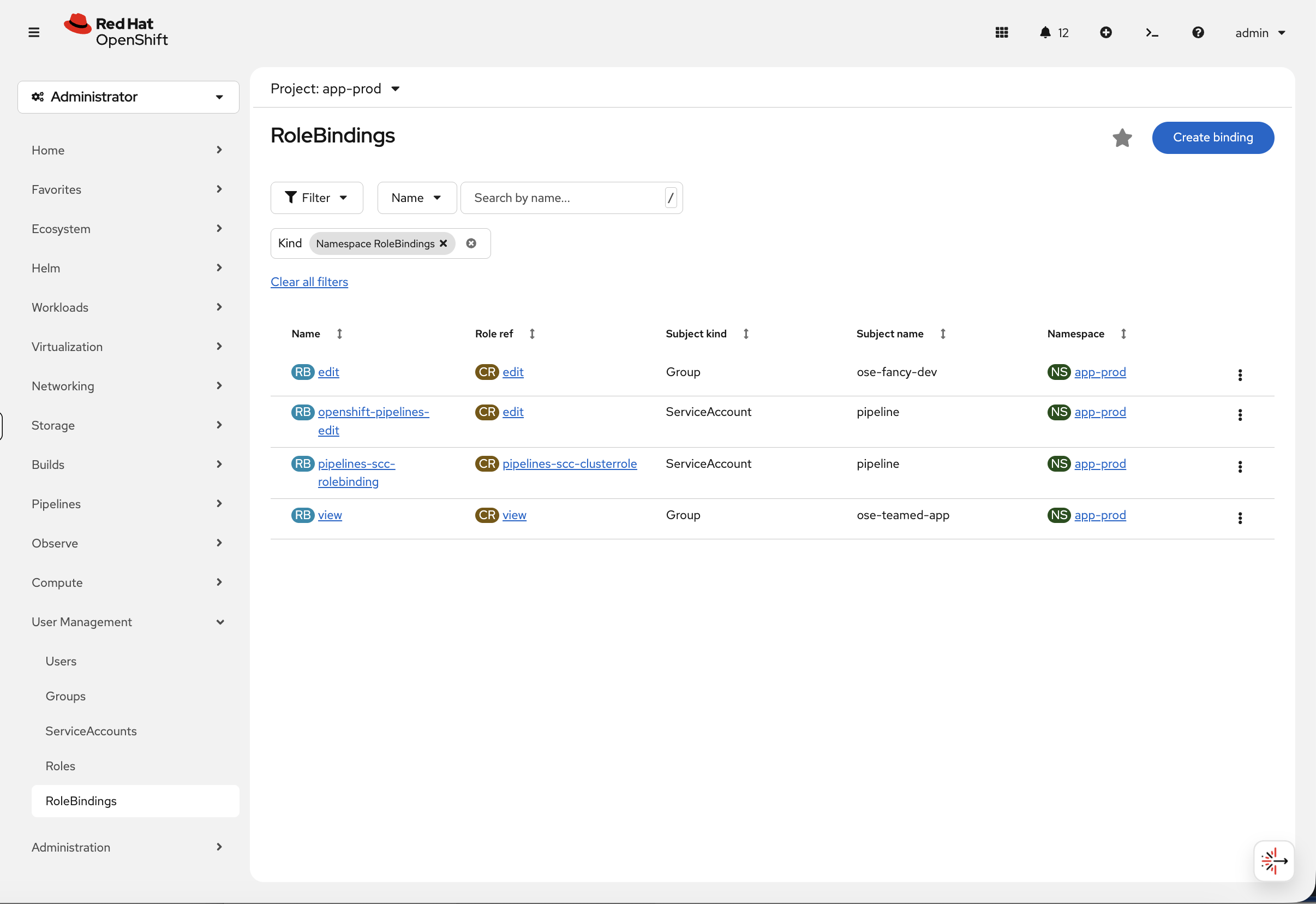 RoleBindings for app-prod showing ose-fancy-dev with edit and ose-teamed-app with view