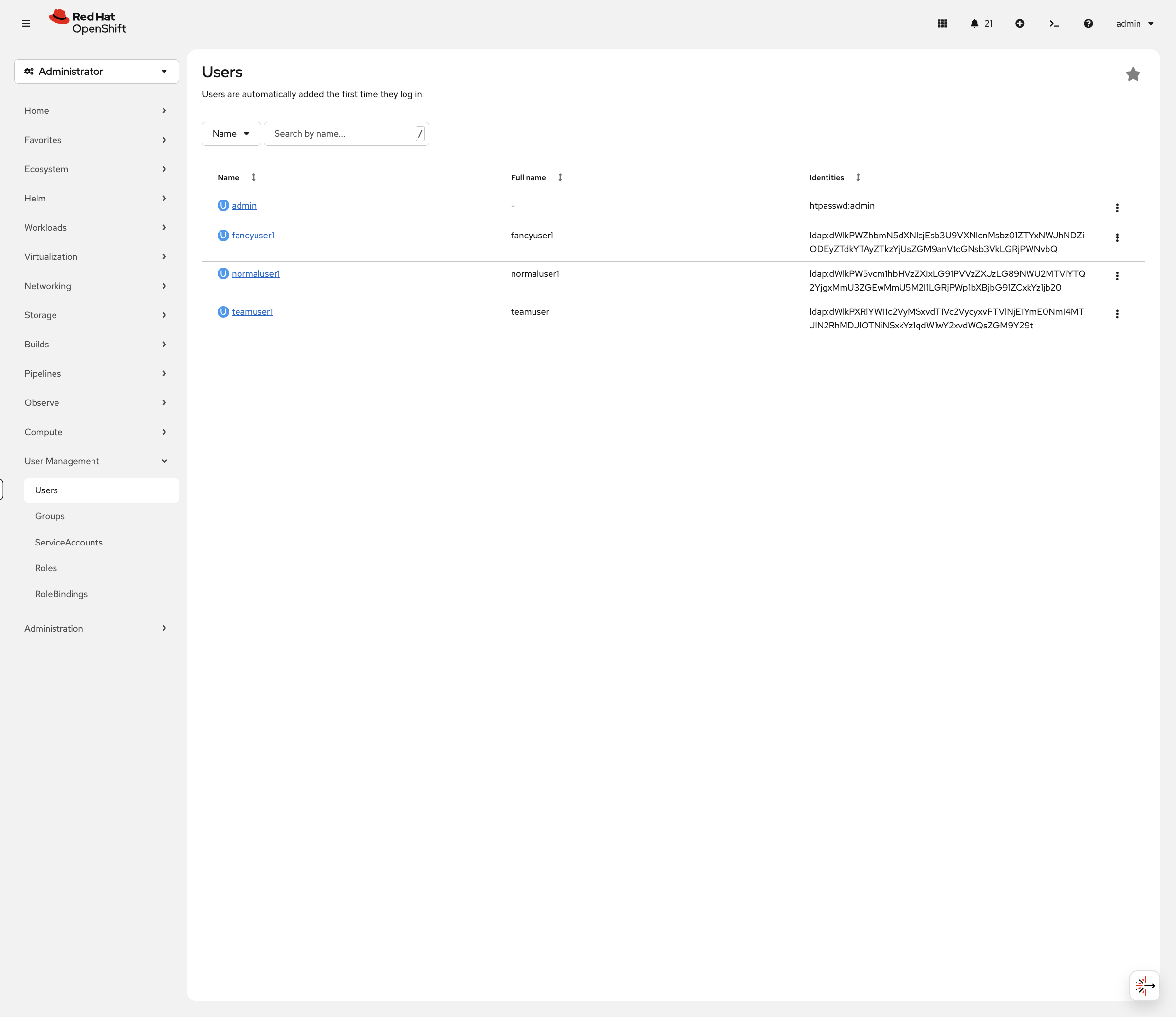 User Management showing LDAP users with identities