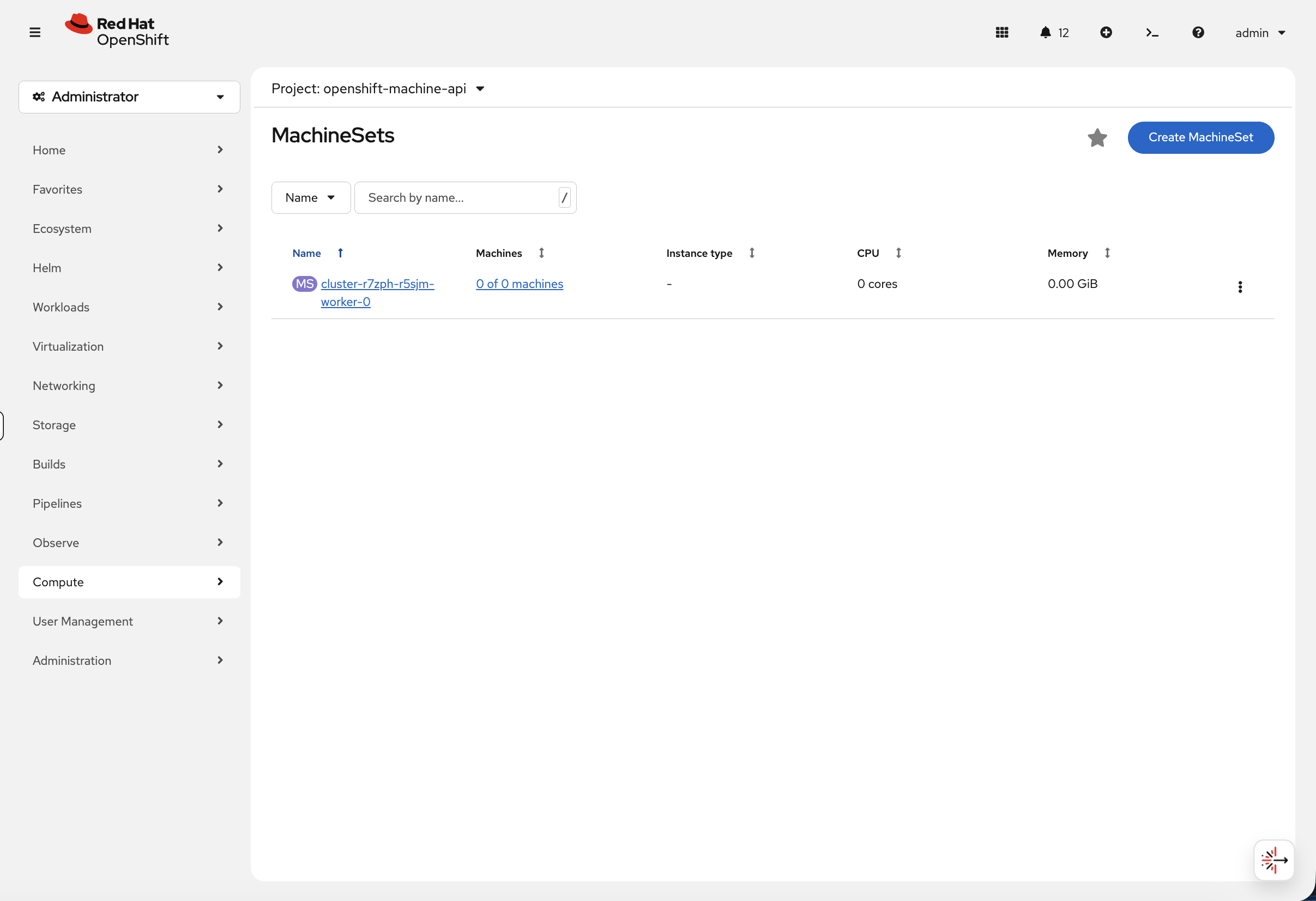 MachineSets view showing worker MachineSet with 0 of 0 machines on compact cluster