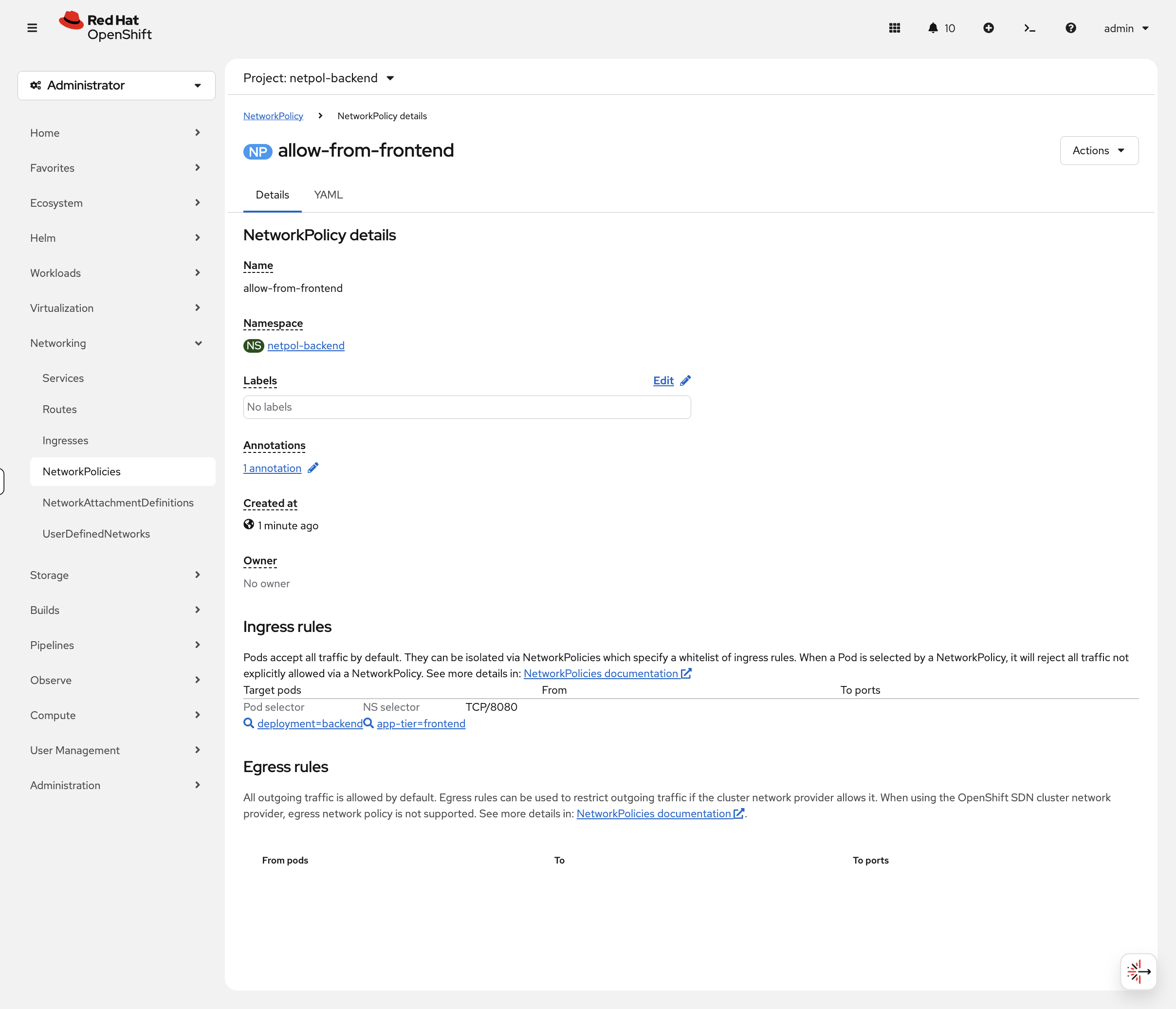 allow-from-frontend NetworkPolicy showing selectors and port rule