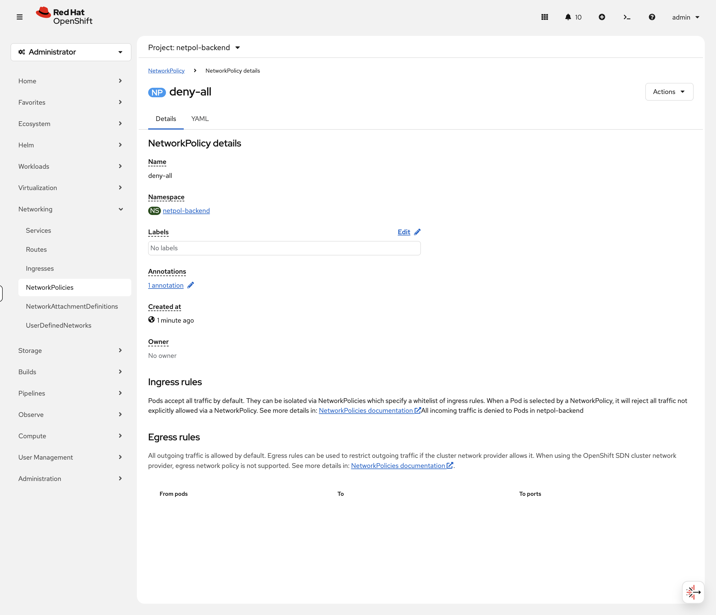 deny-all NetworkPolicy showing all incoming traffic denied