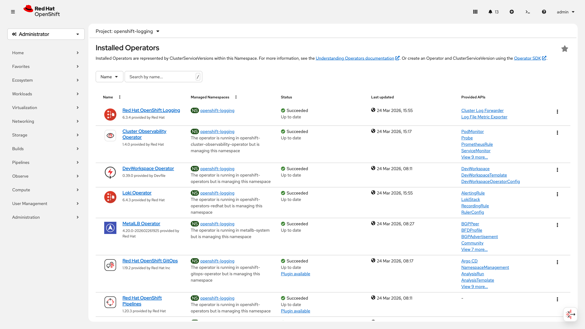 Installed Operators showing all logging operators with Succeeded status
