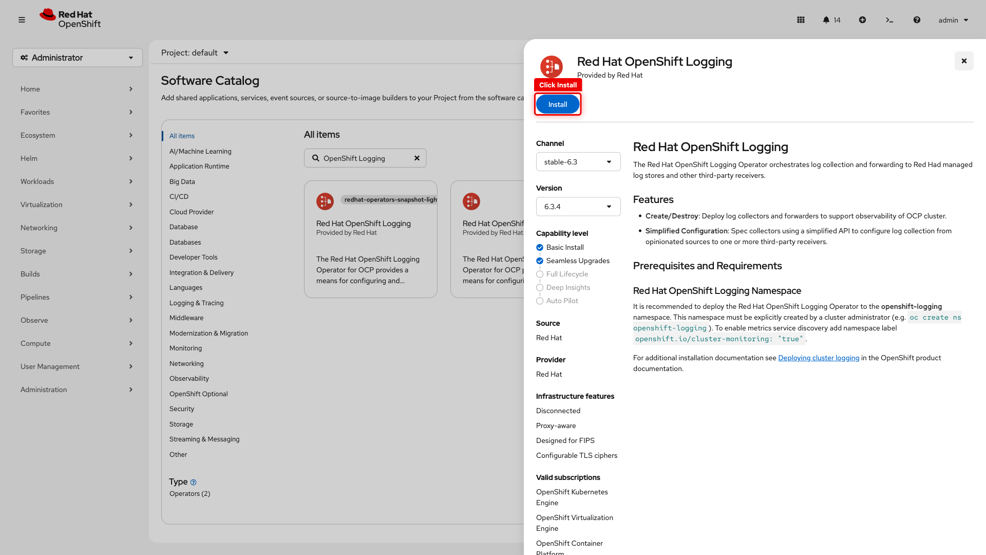 Red Hat OpenShift Logging details with Install button highlighted