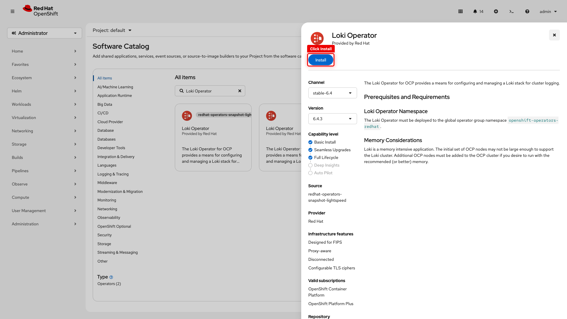Loki Operator details with Install button highlighted
