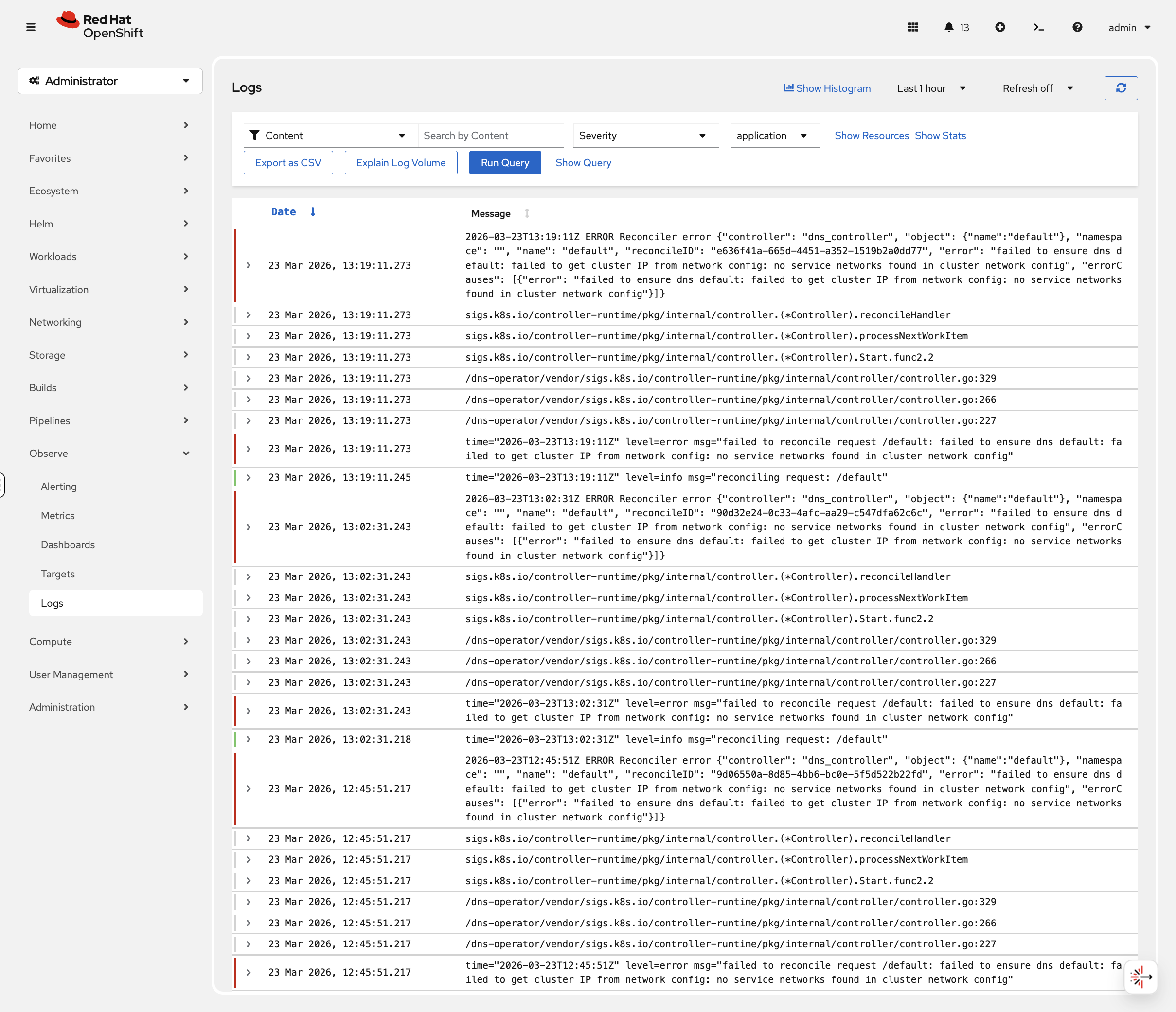 Observe Logs view showing infrastructure logs with severity filter