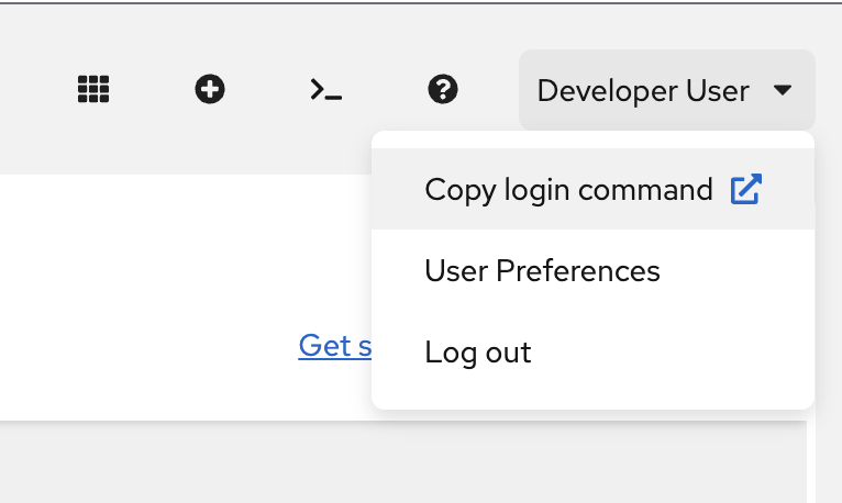 User menu showing Copy login command option