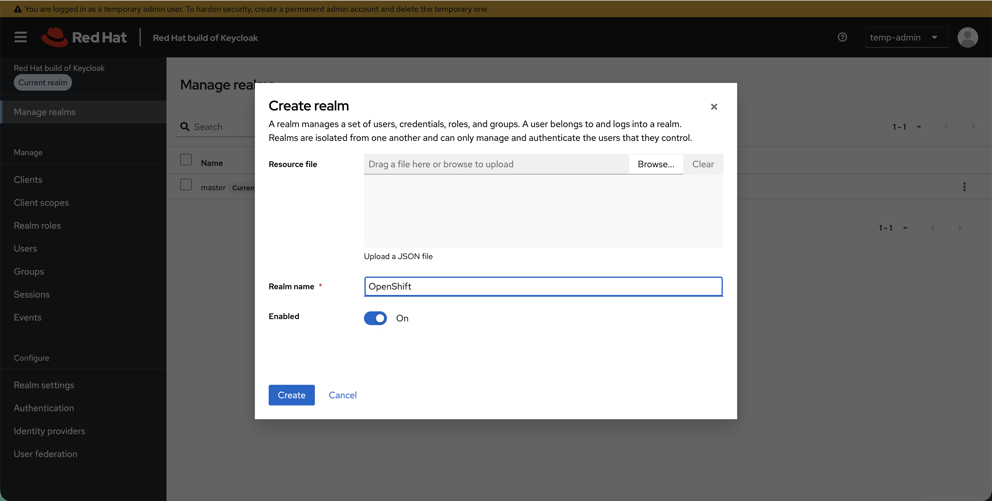 Create realm dialog with OpenShift as realm name