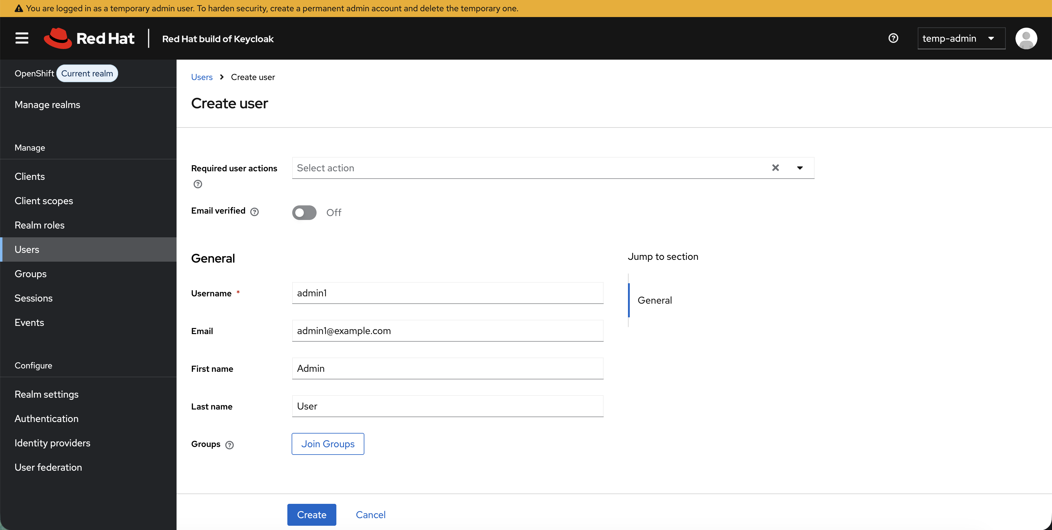 Create user form with admin1 details filled in