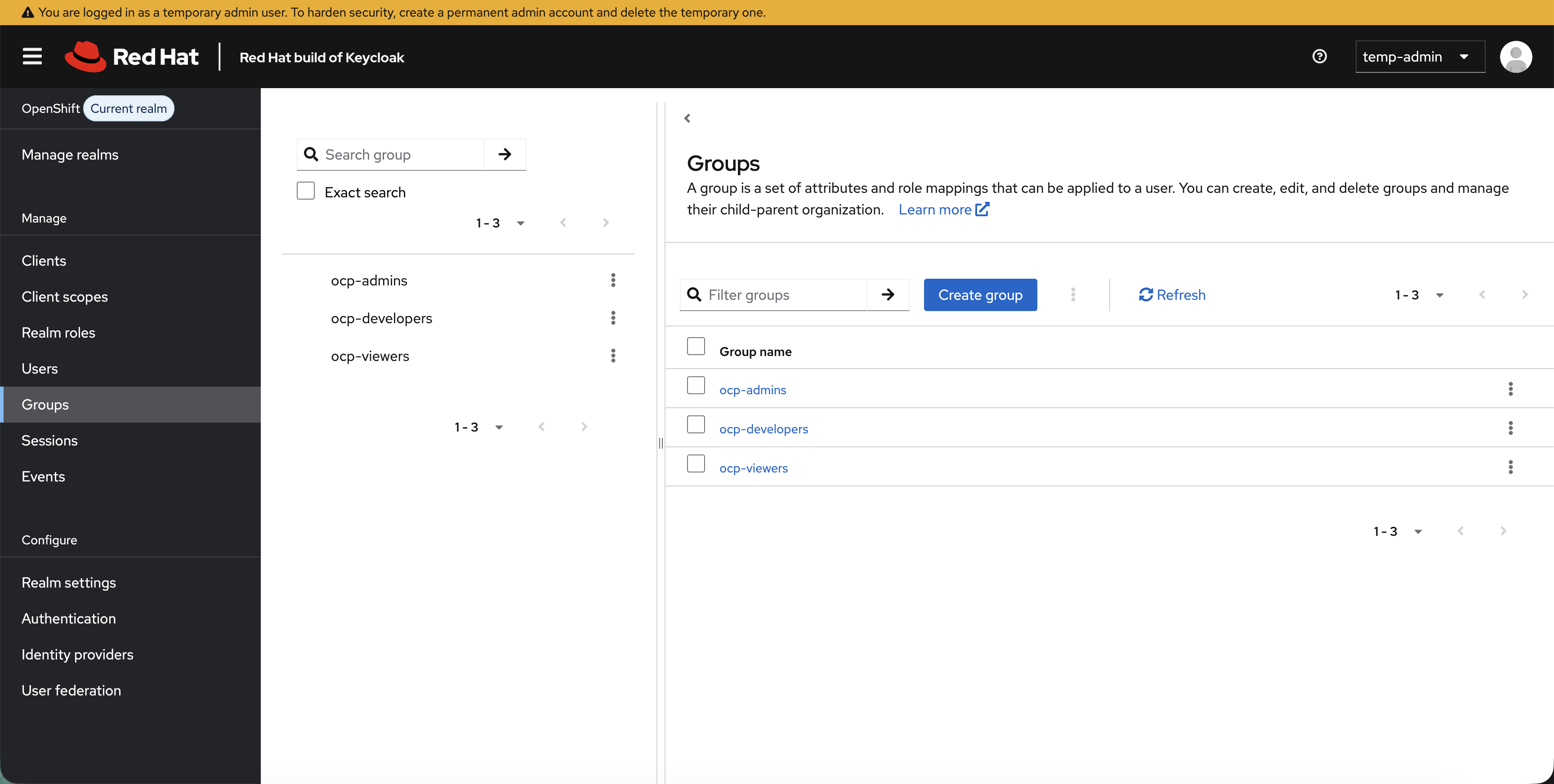 Groups page showing ocp-admins ocp-developers and ocp-viewers