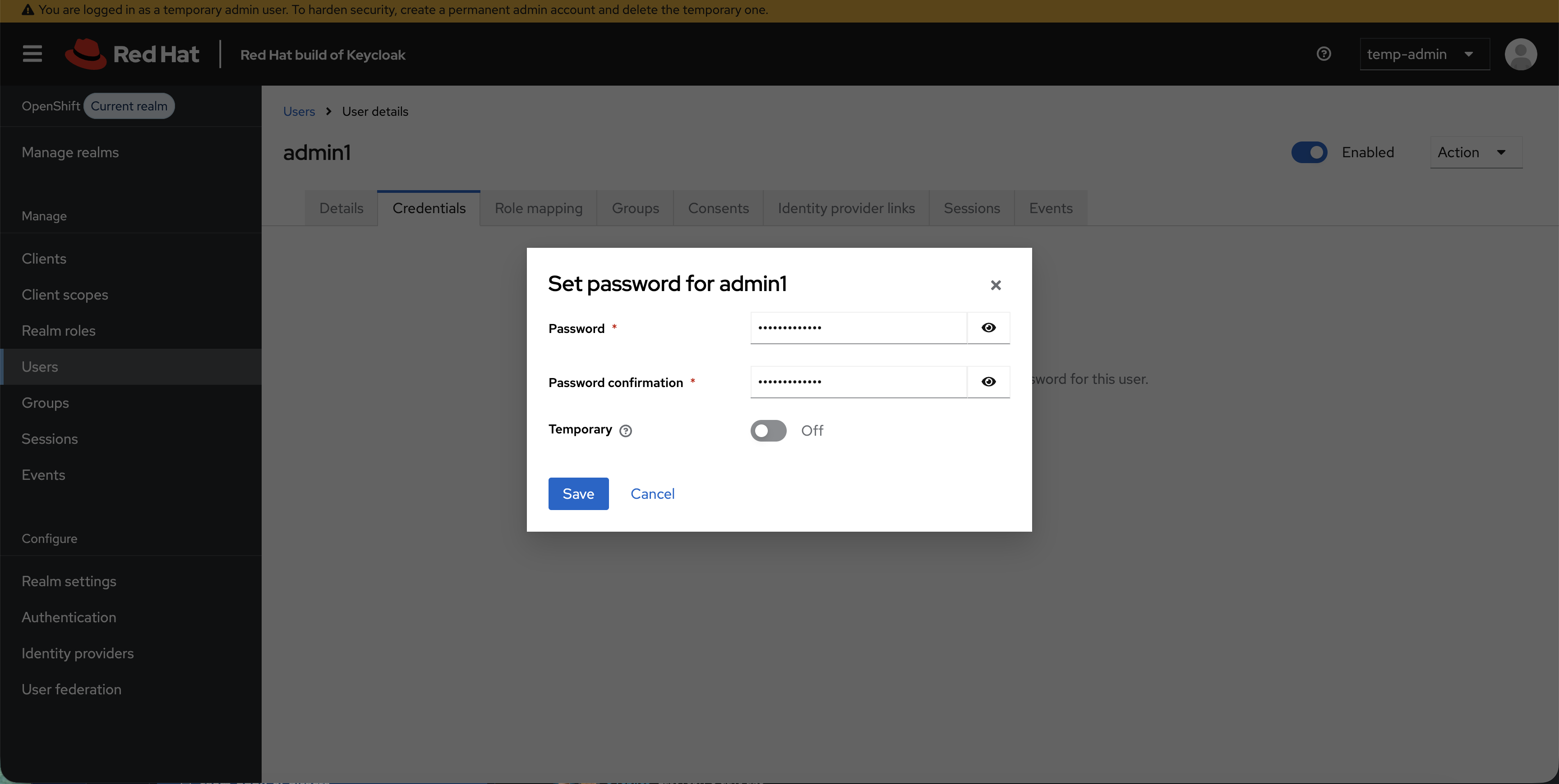 Set password dialog with Temporary set to Off