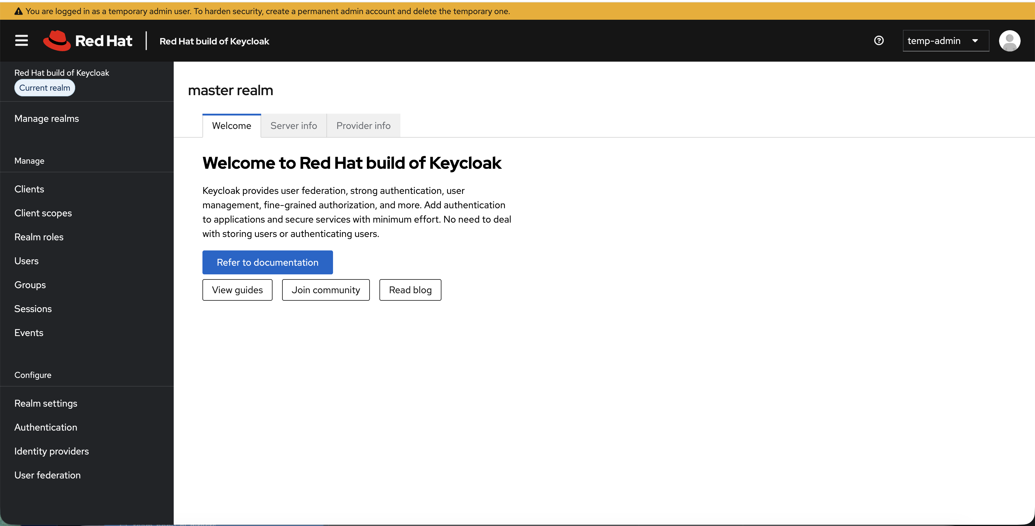 RHBK admin console welcome page showing master realm