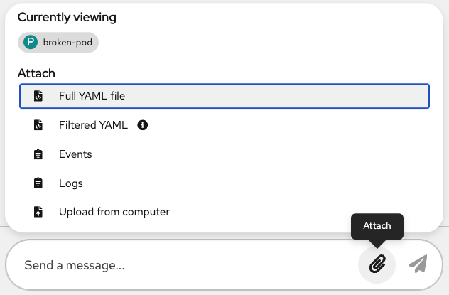 OpenShift Lightspeed attachments menu