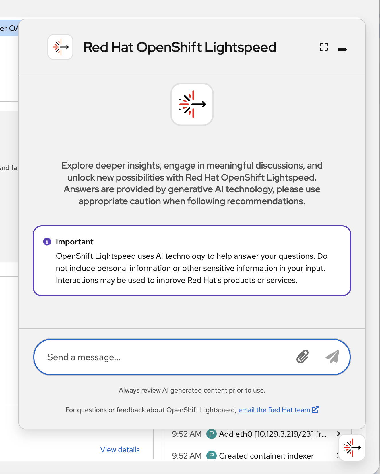 OpenShift Lightspeed chat window