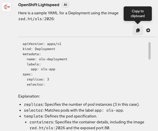 Copy YAML button in OpenShift Lightspeed