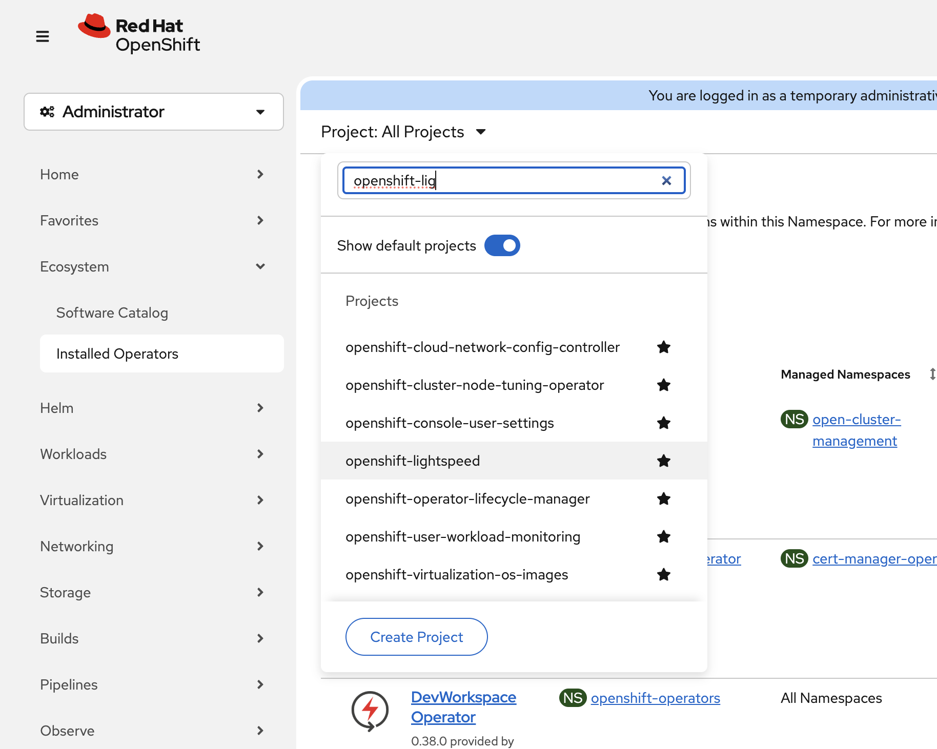 Switch to openshift-lightspeed namespace