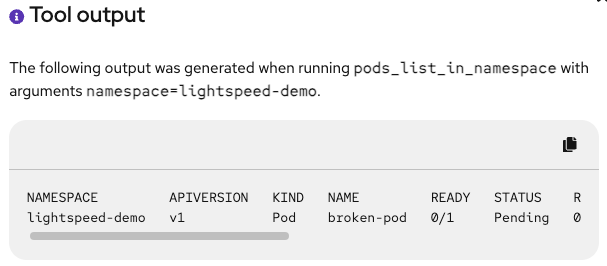 OpenShift Lightspeed MCP tool output