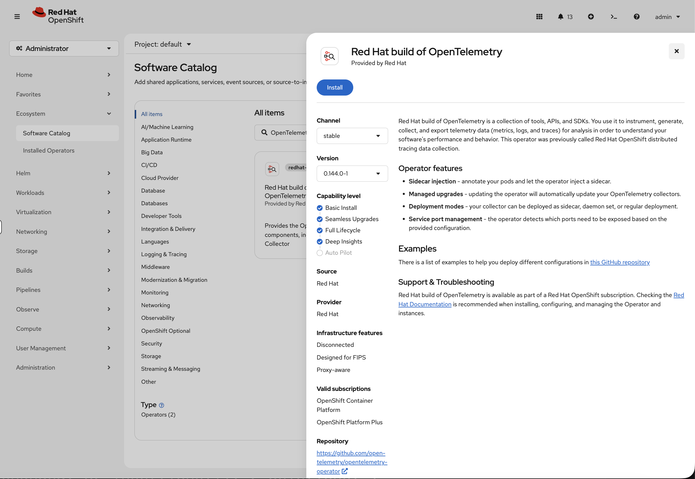Red Hat build of OpenTelemetry install page