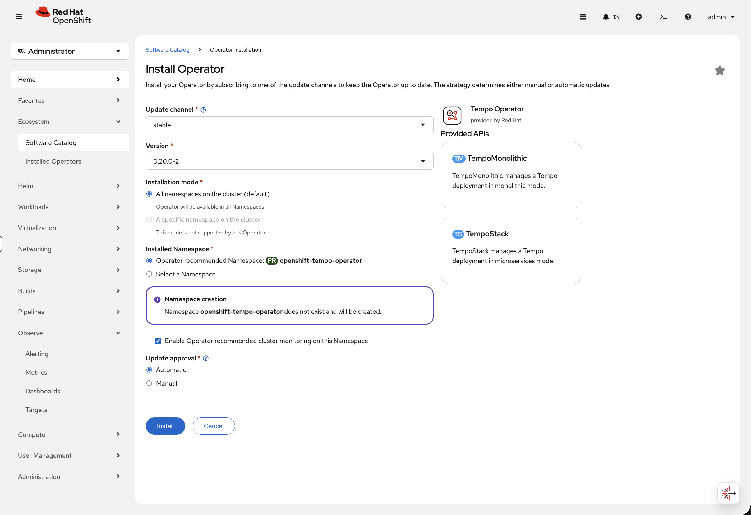 Tempo Operator install page