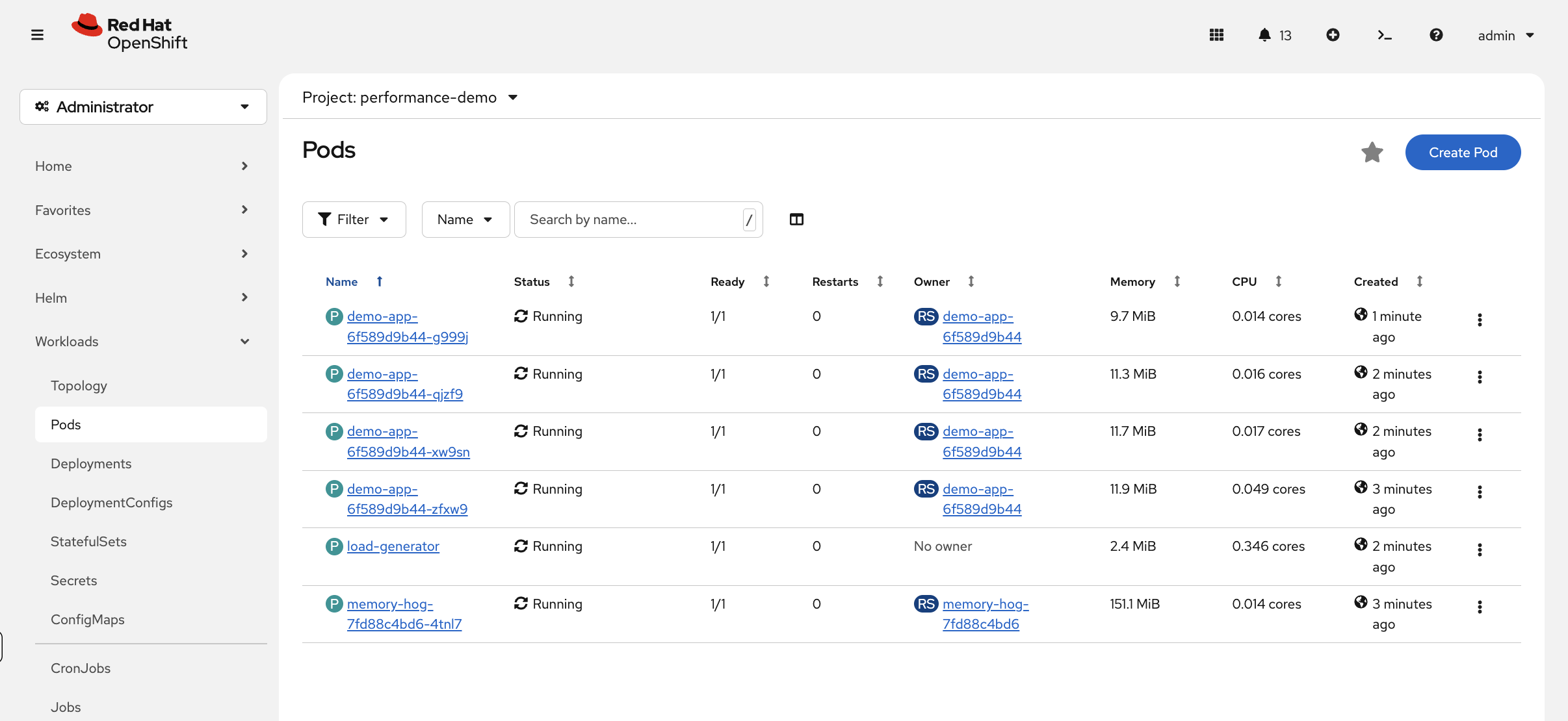 Pod list showing multiple demo-app pods after HPA scale-up