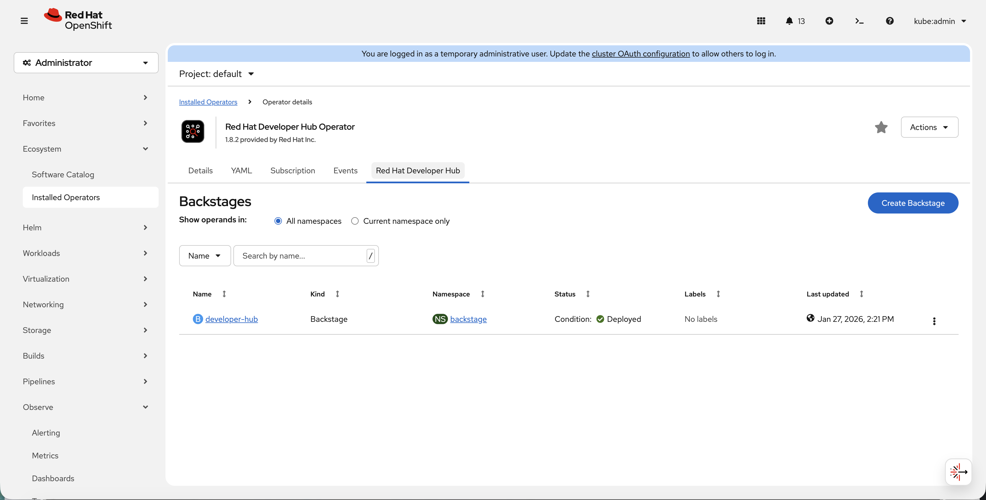 Backstage CR showing deployed status