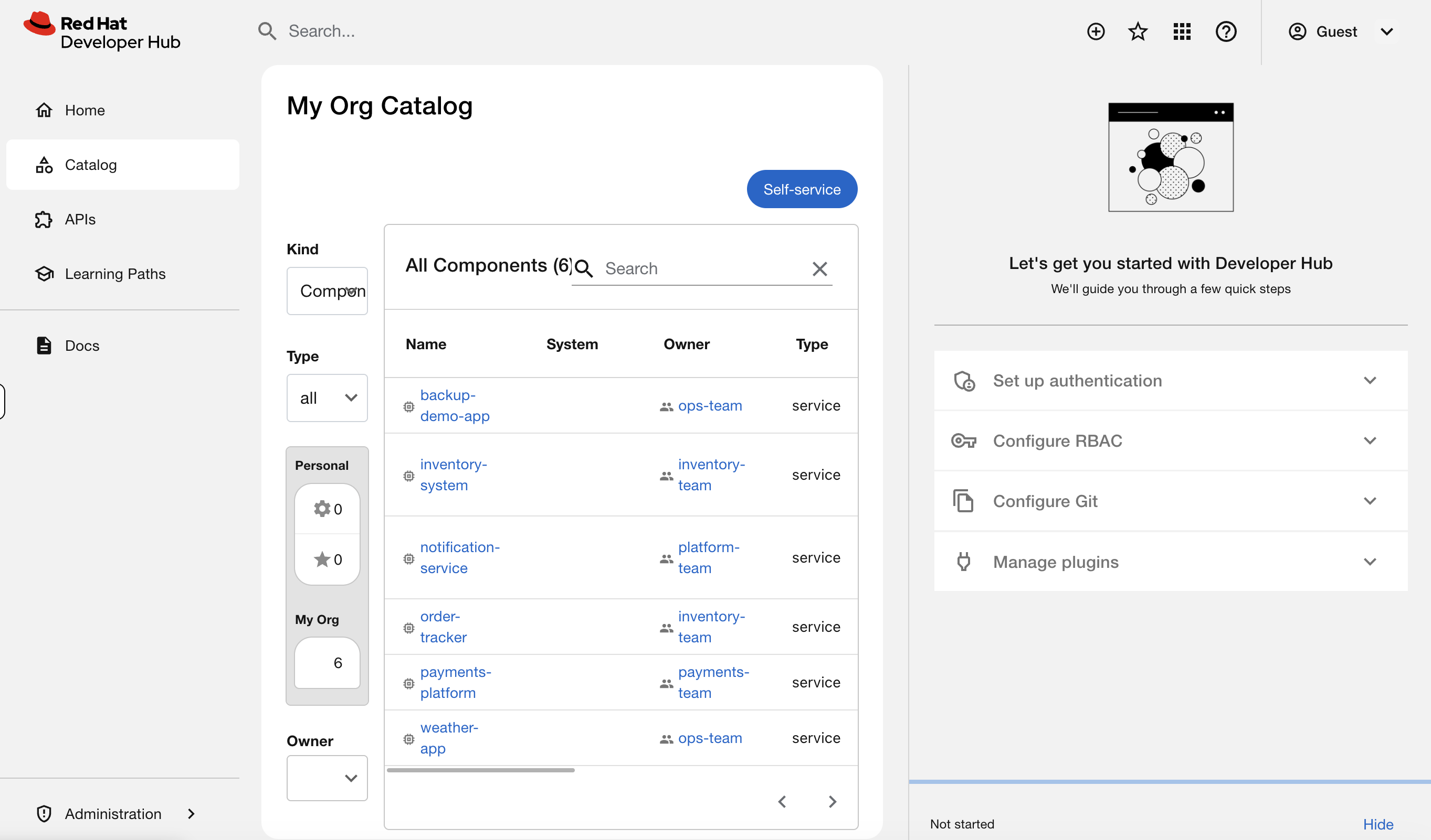 Developer Hub catalog showing 6 components across 4 teams
