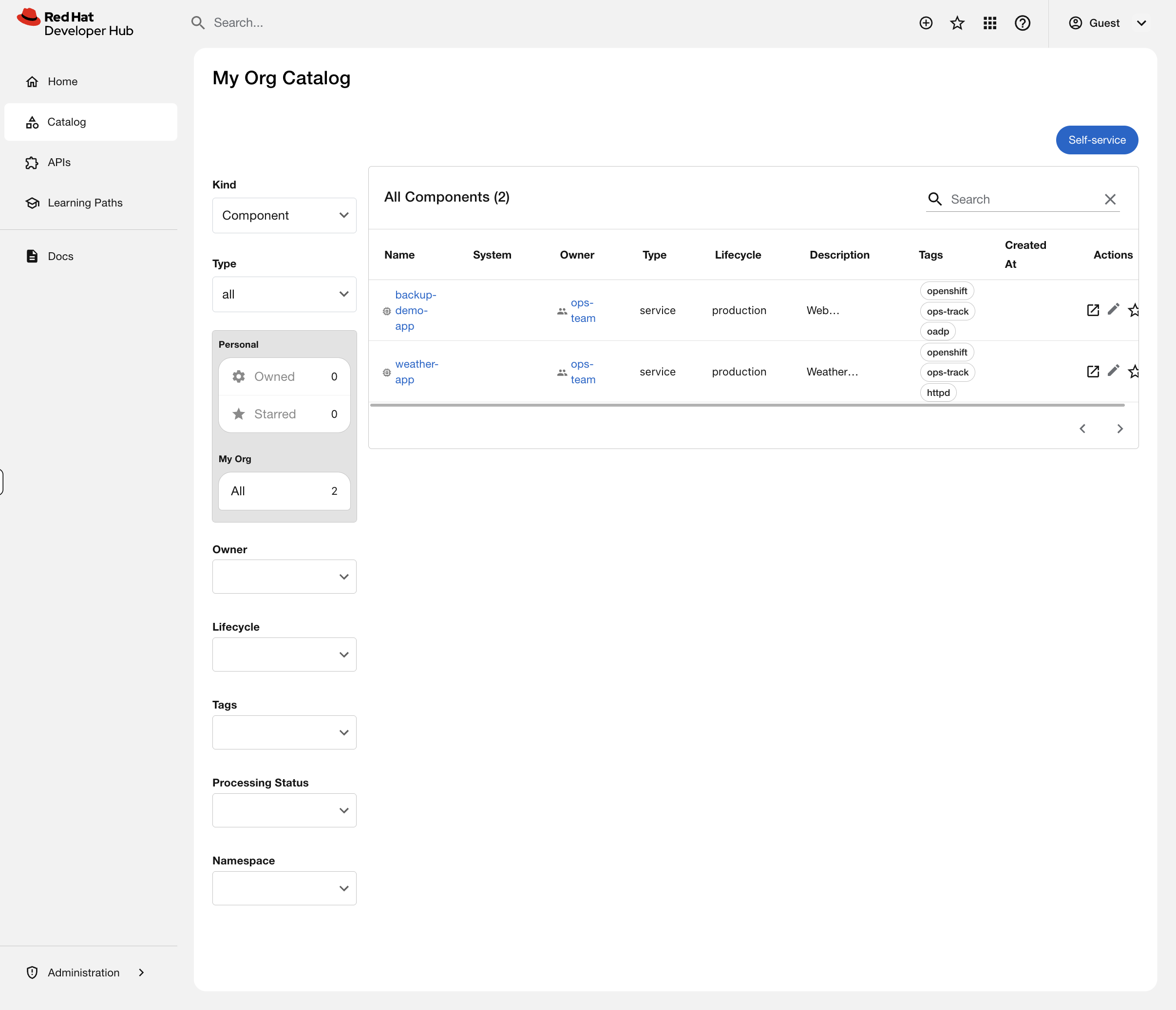 Developer Hub catalog showing weather-app and backup-demo-app components